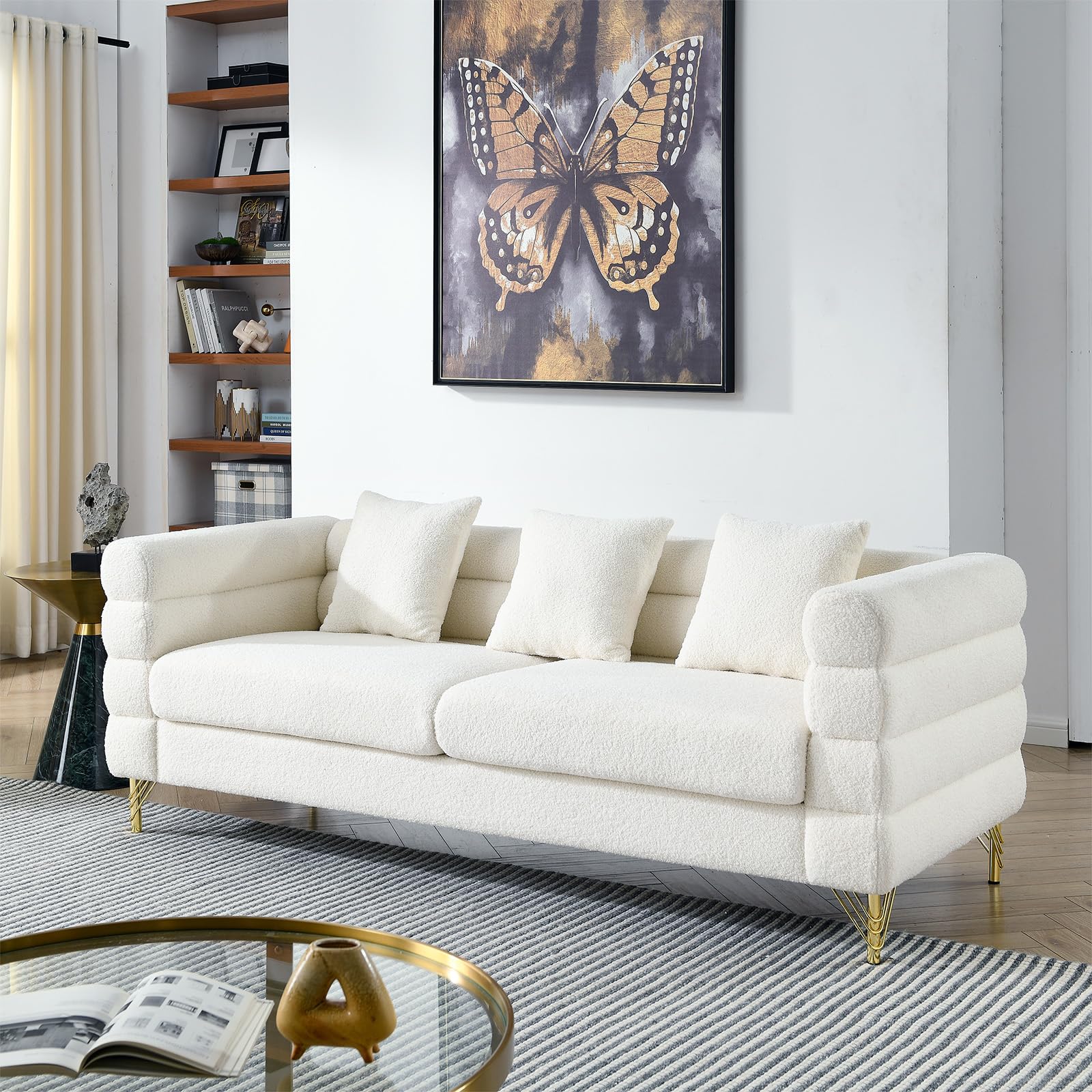 81" Modern Sofa Couch, Teddy Bouclé Oversized 3-Seater Loveseat with Deep Seats, Gold Legs & Pillows, for Living Room, Bedroom, White