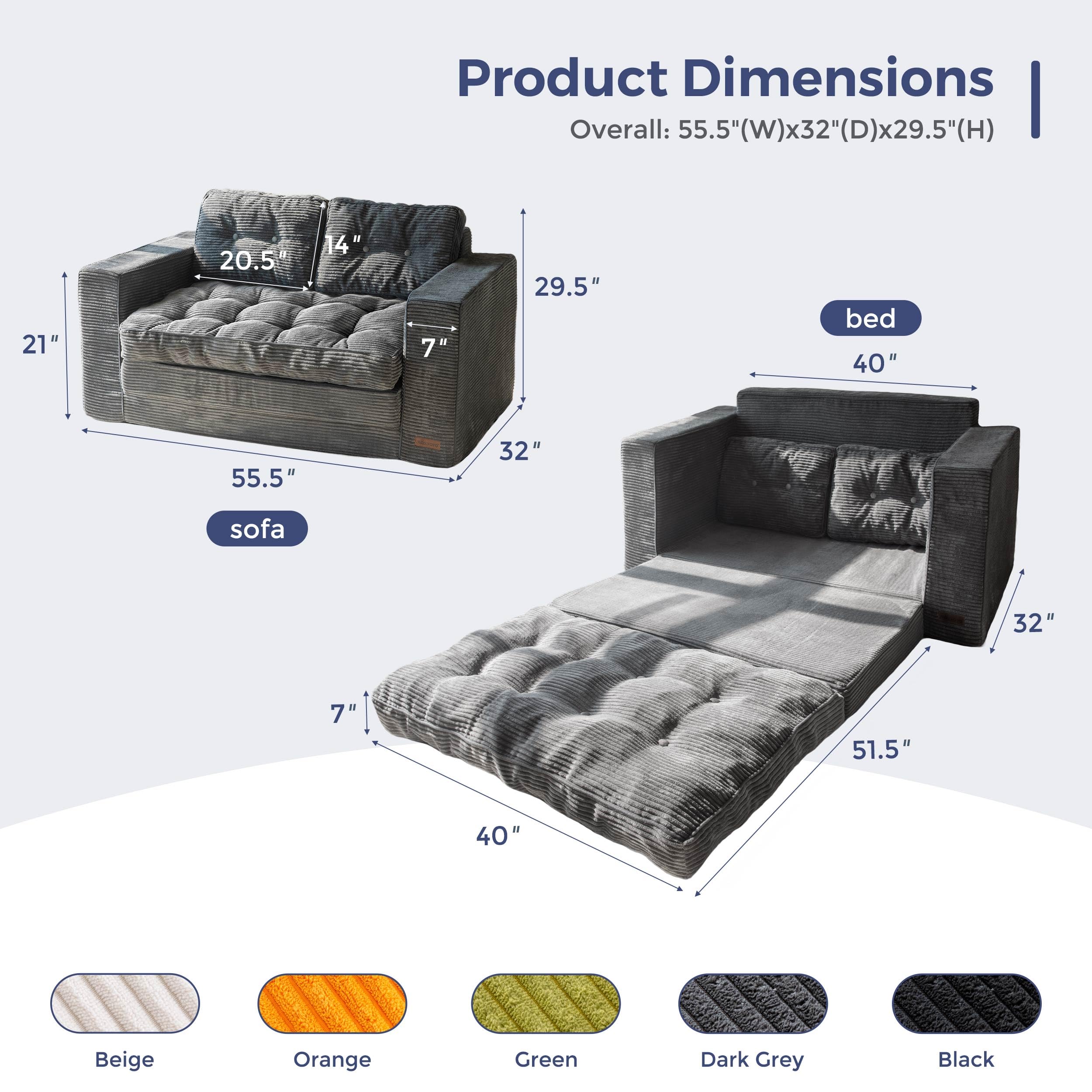 Convertible Sofa Bed, Pull-Out Loveseat Sleeper, 2-in-1 Folding Couch with Pillows for Living Room, Bedroom, Lounge, Dark Grey