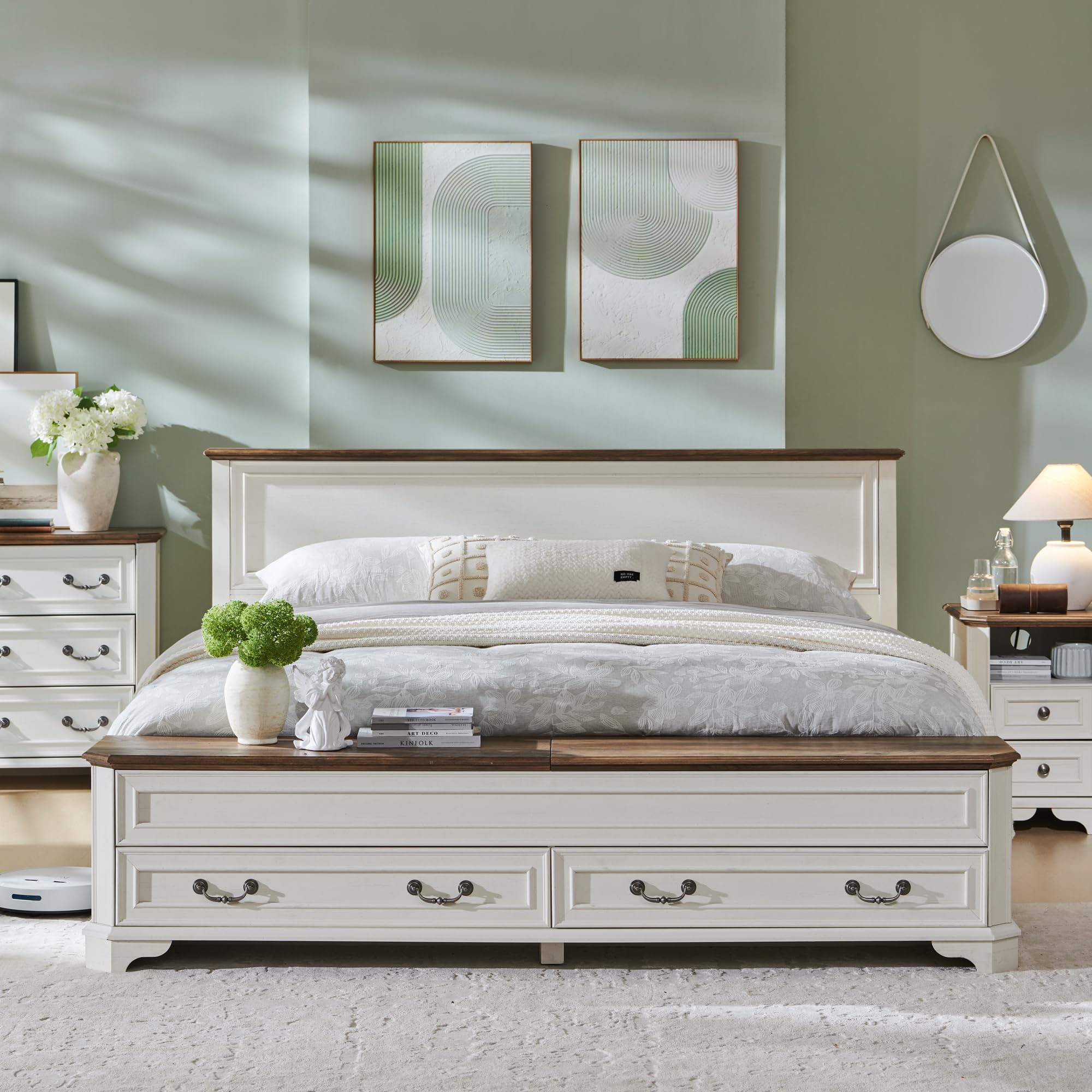 Farmhouse King Bed Frame with Headboard & 4-Drawer Storage Bench, Rustic Wood Platform Bed with 80" Chest, Antique White