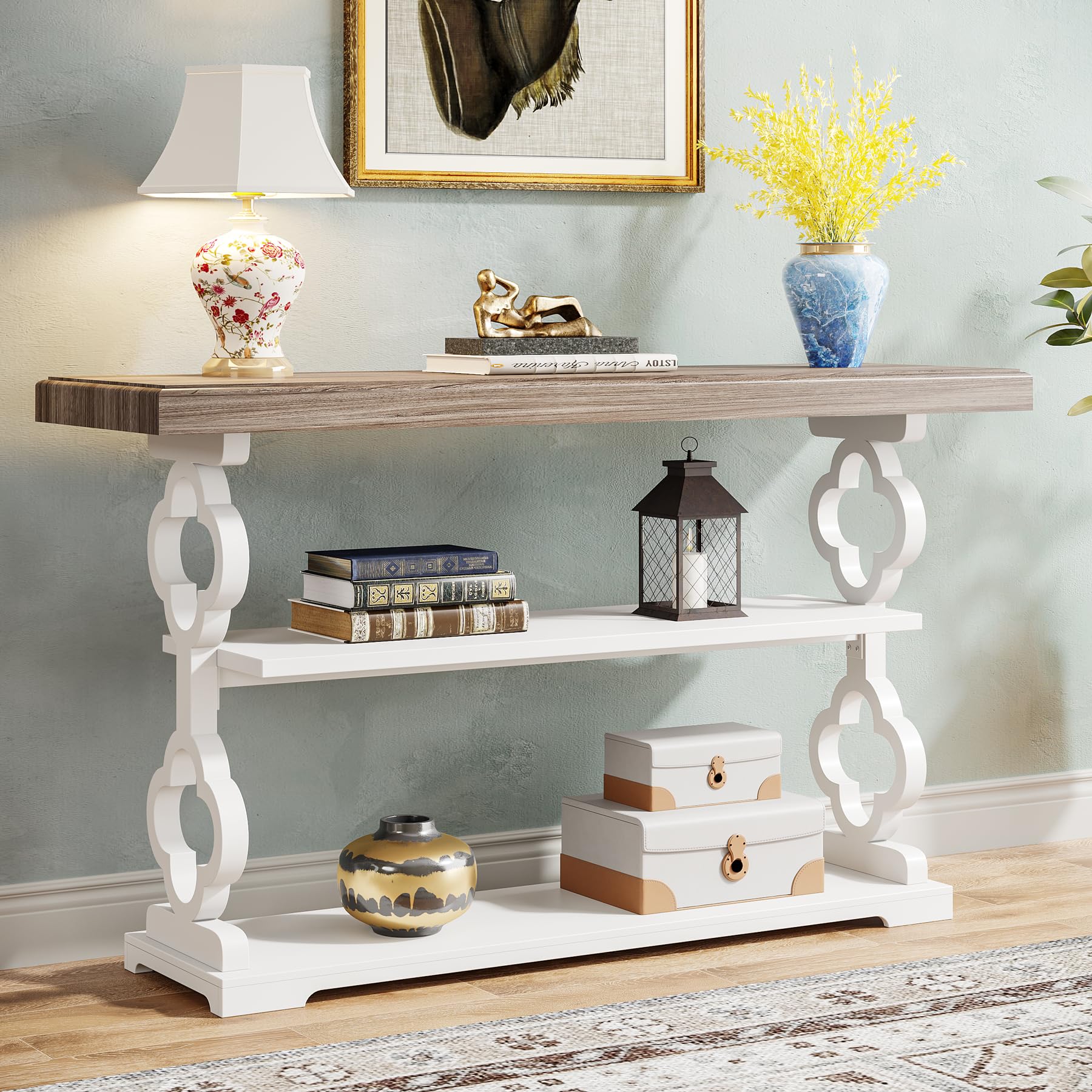 55" Farmhouse Console Table, 3-Tier Wood Sofa Table with Storage Shelves for Entryway, Hallway, Living Room, Grey & White