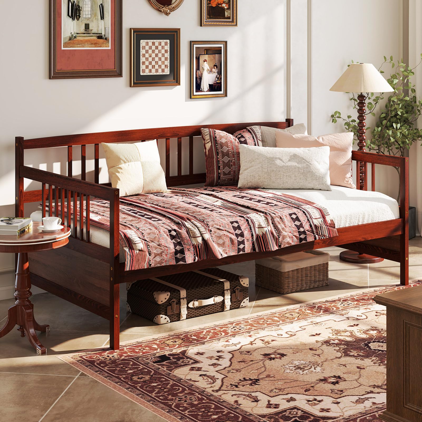 Twin Daybed Frame, Wooden Sofa Bed with Rails & Slat Support, Dual-Use Platform Bed for Bedroom or Living Room, No Box Spring Needed, Cherry