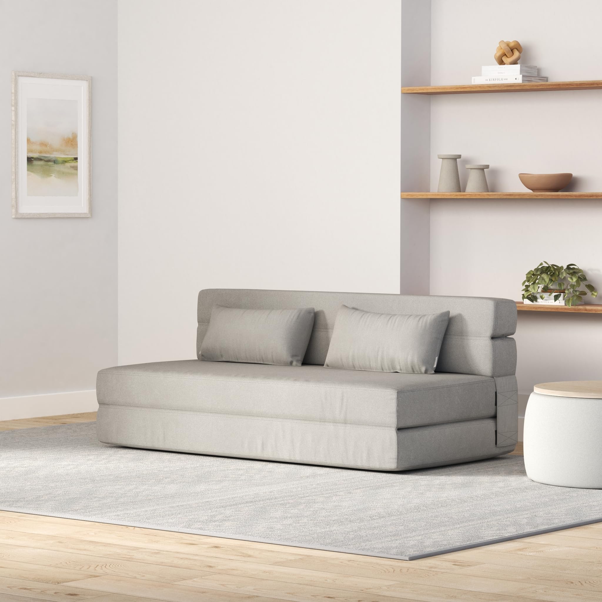 Folding Sofa Bed with Pillows, Convertible Floor Couch & Memory Foam Mattress, Queen Sleeper for Living Room, Dorm, Guest Room, Light Gray