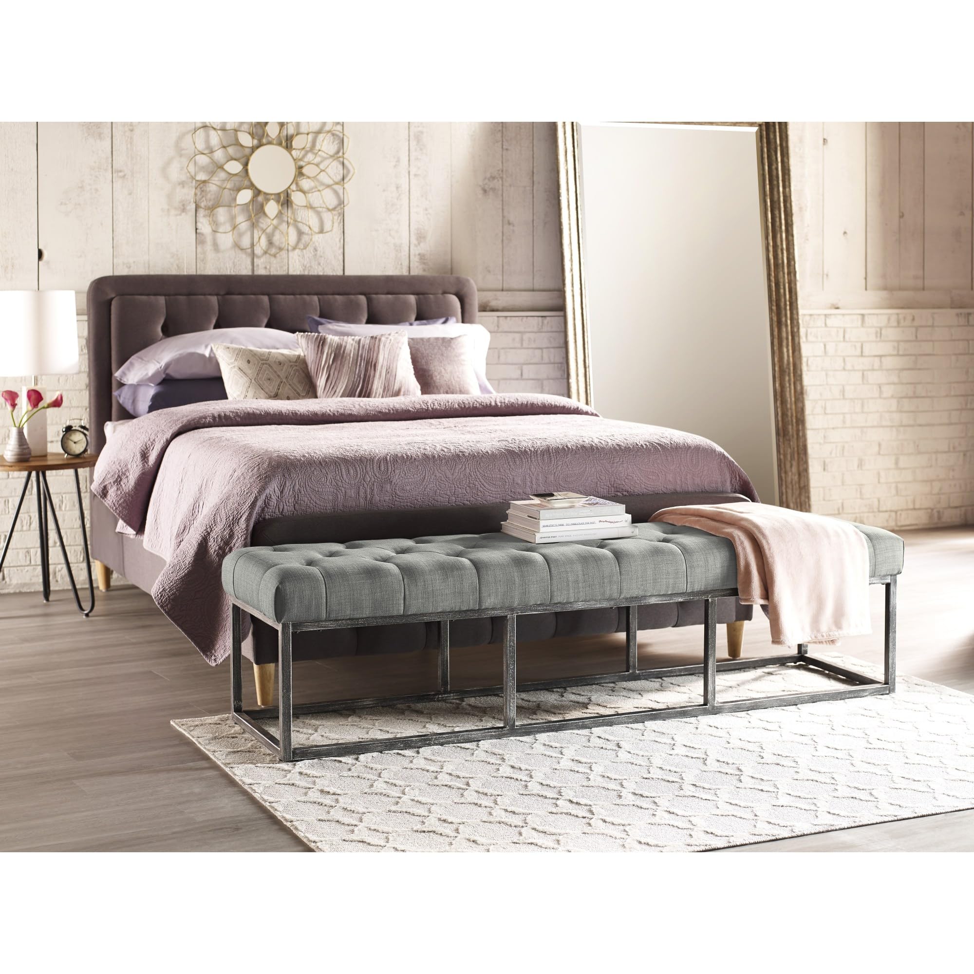 Danes Tufted Bench with Iron Legs, Modern Bench for Bedroom or Living Room, Long Rectangular Shape Padded Upholstery, Pearl Gray