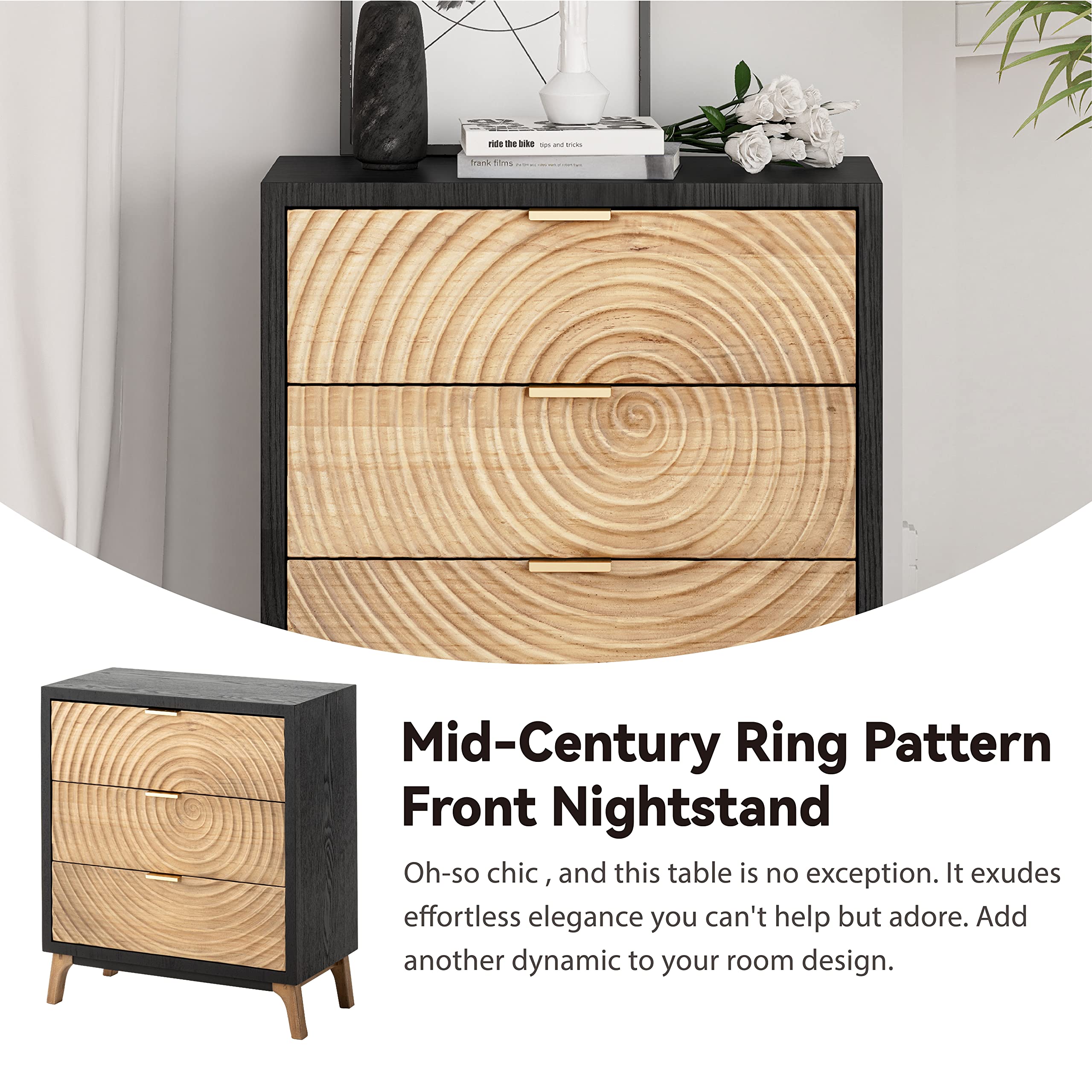 3-Drawer Farmhouse Dresser with Handcrafted Wood Ring Motif, Black Nightstand for Bedroom, Fully-Assembled, Rustic and Morden