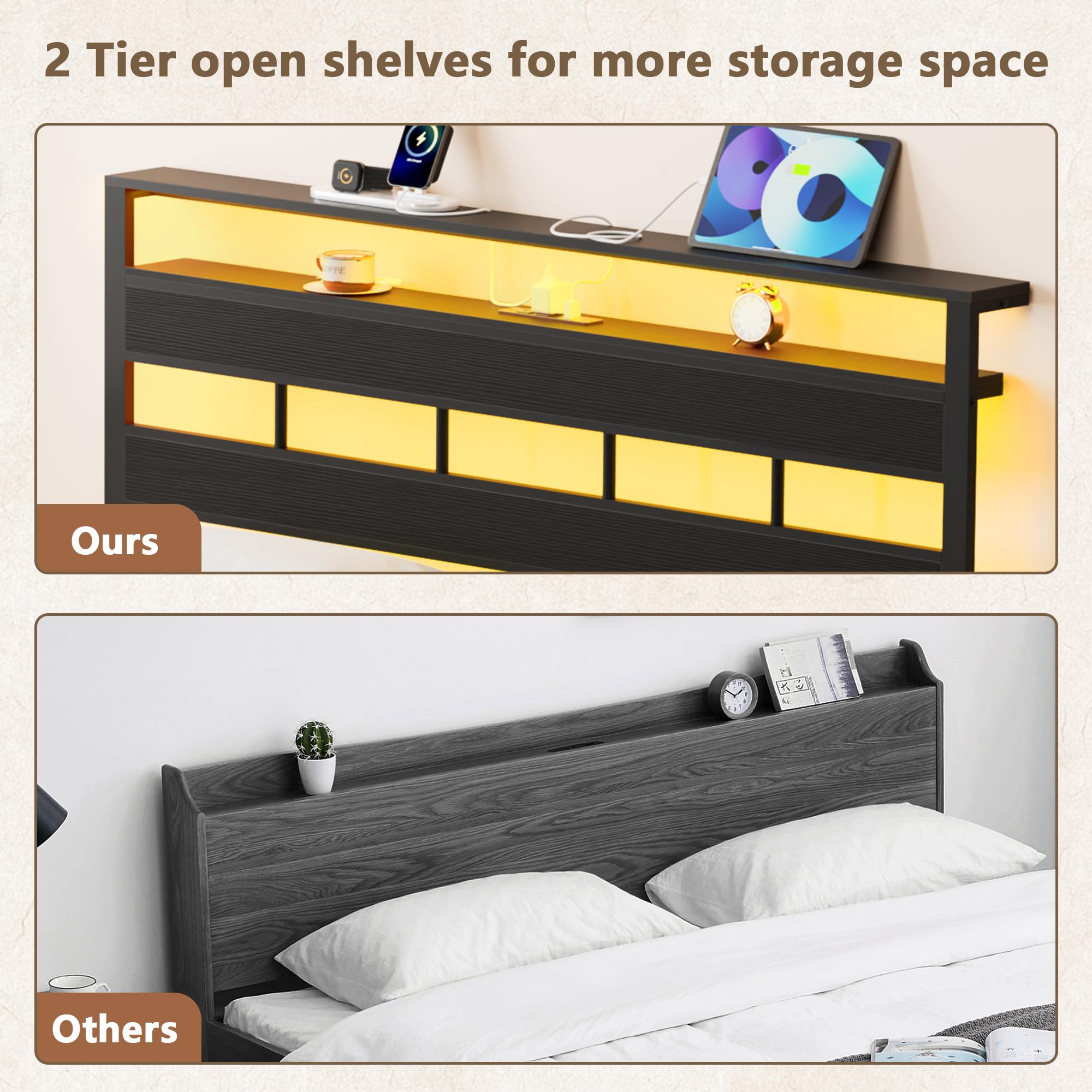 Full Size Bed Frame with LED Light and Charging Station, Wood Storage Headboard with 2-Tier Shelves, Metal Platform Bed with Heavy Duty Slat