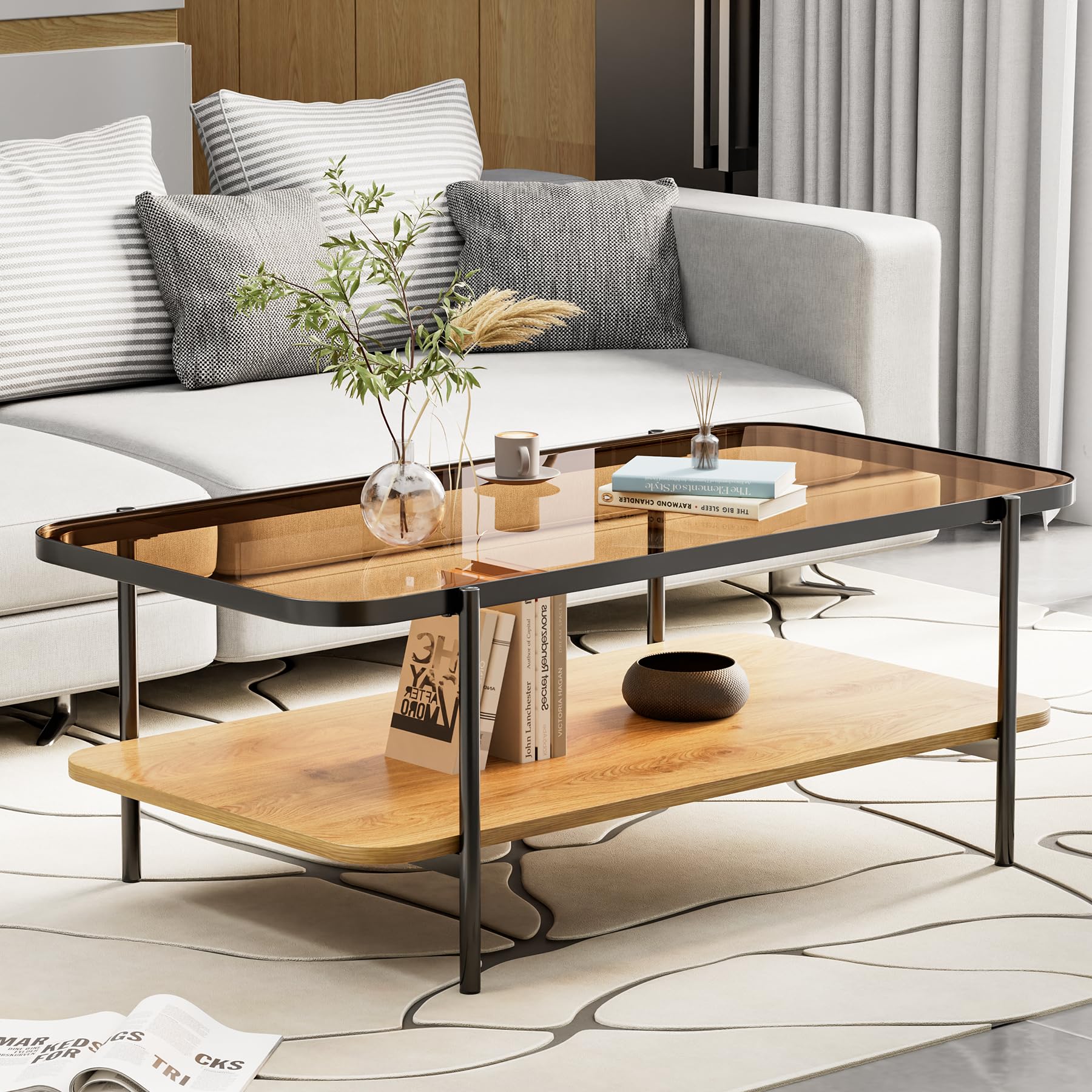 Modern Brown Glass Coffee Table, 2-Tier Rectangular Center Table with Metal Legs & Wood Storage, Rounded Corners for Living Room or Office