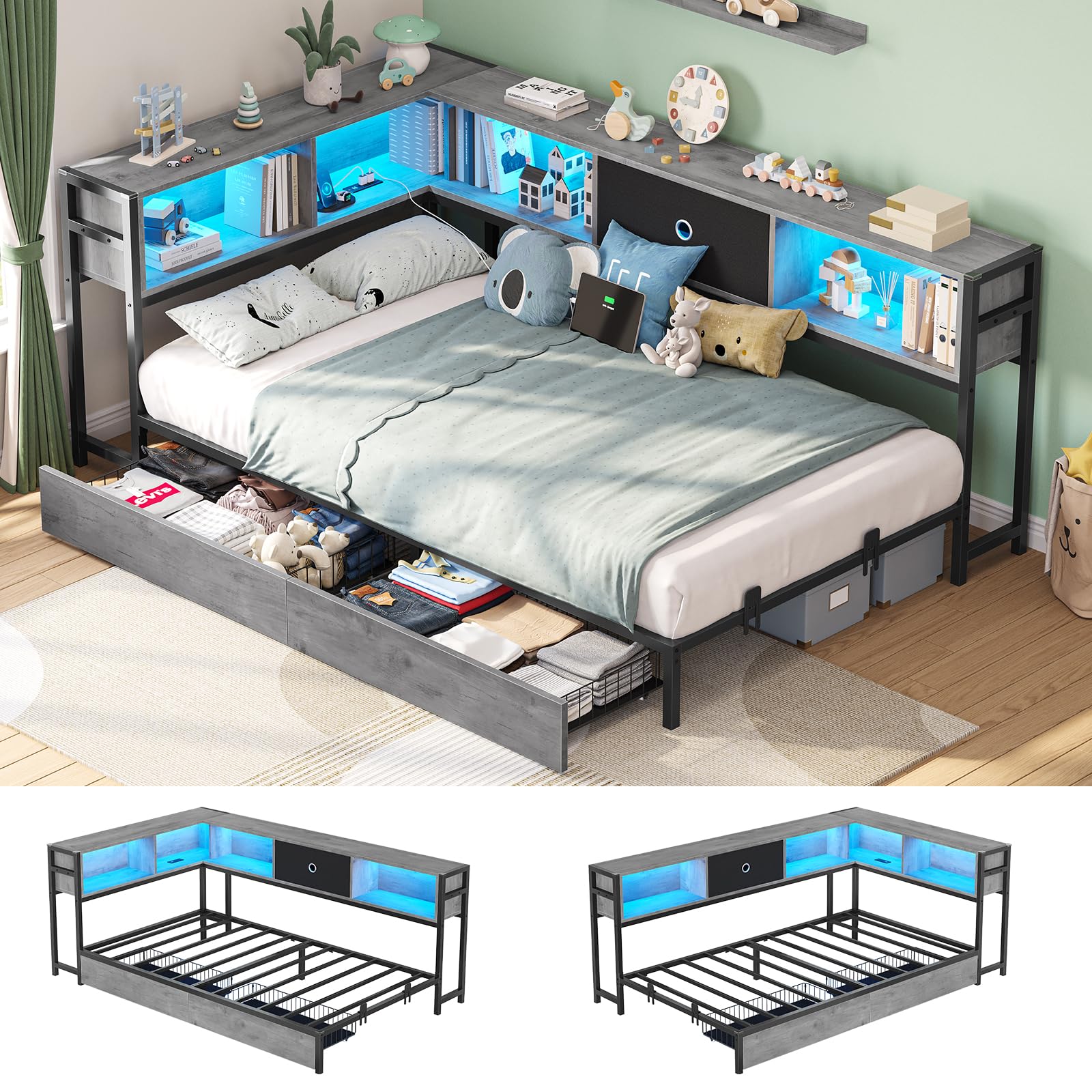 Corner Twin Bed Frame with Storage Bookcase, LED Light & Charging Station – Modern Daybed with Drawers for Kids, Black & Gray