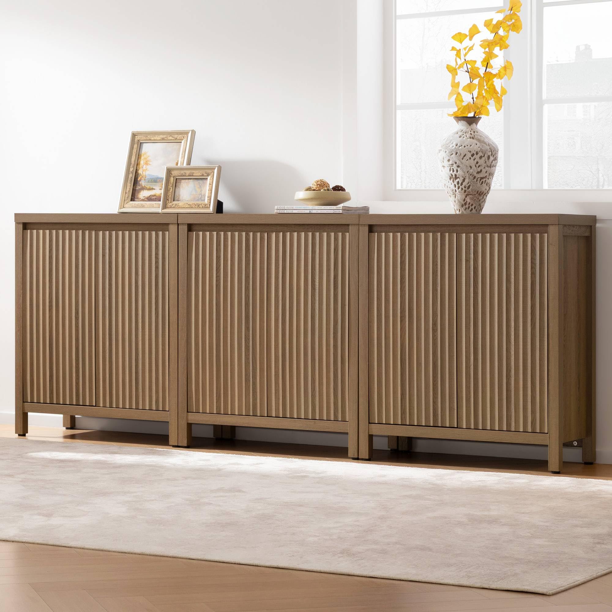Sideboard Buffet Cabinet with Storage, Fluted Credenza Console Cabinet with Adjustable Shelves, Farmhouse Coffee Bar Storage Cabinets