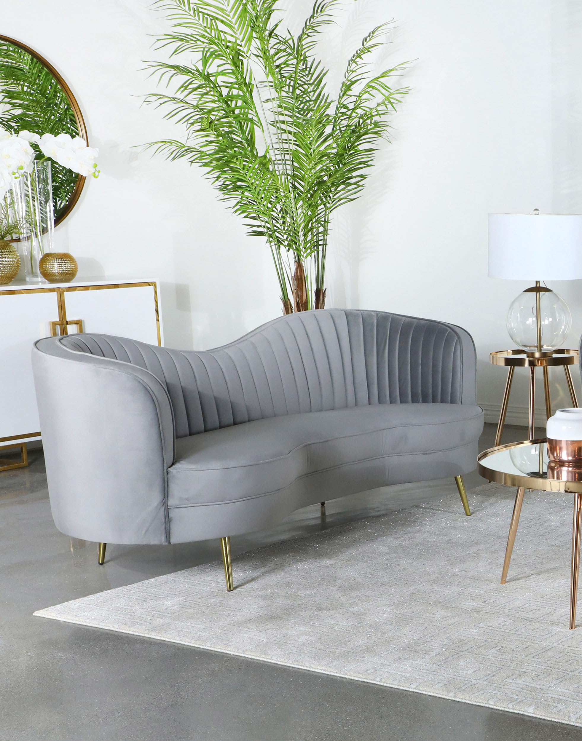 Sophia Loveseat 506865, Upholstered Velvet Channel Tufted Sofa with Inverted Camel Back & Gold Legs, Wood Frame, for Living Room, Gray