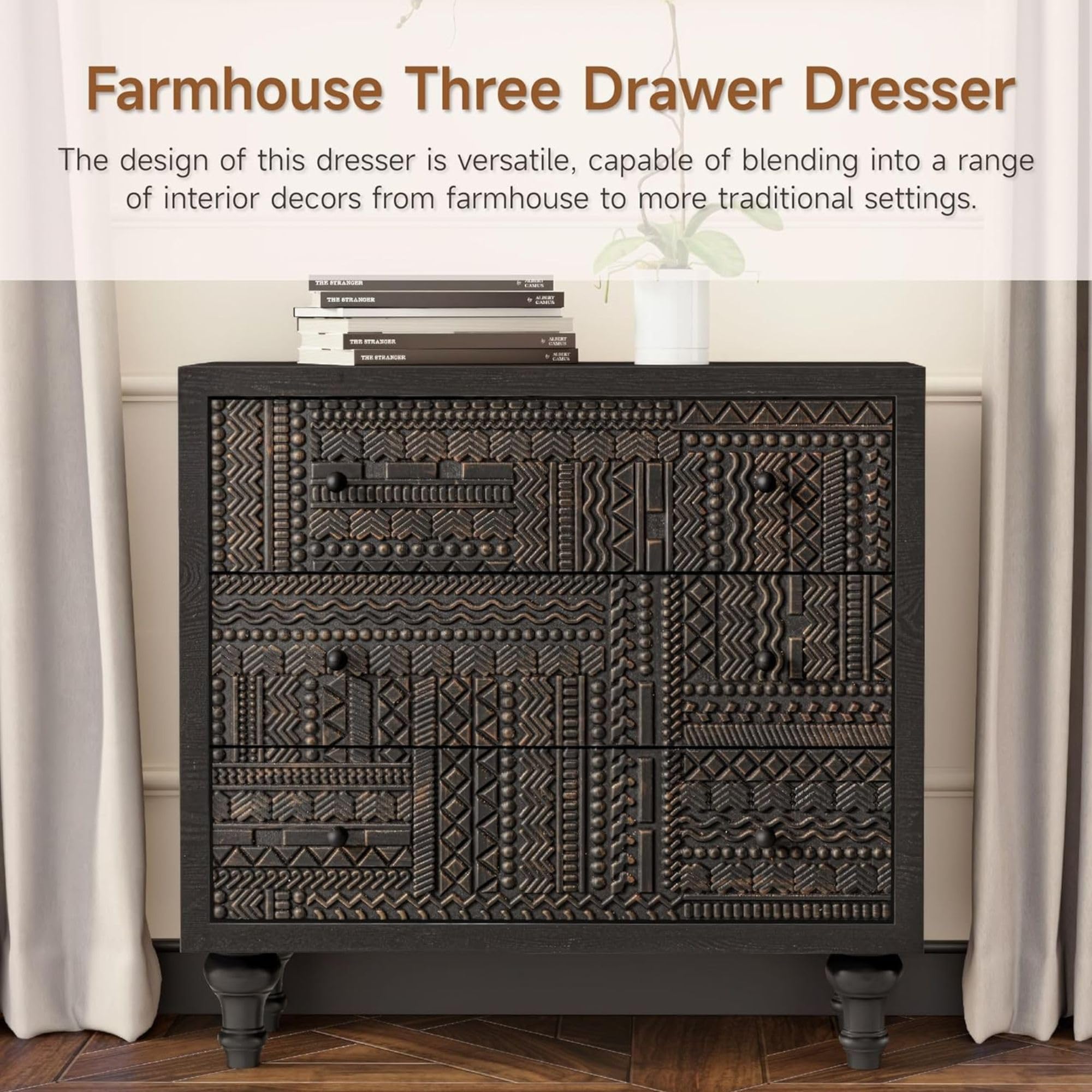 3-Drawer Farmhouse Dresser with Geometric Carved Design, Vintage Wood Storage Chest for Bedroom, Living Room, Boho Style, Black, Assembled