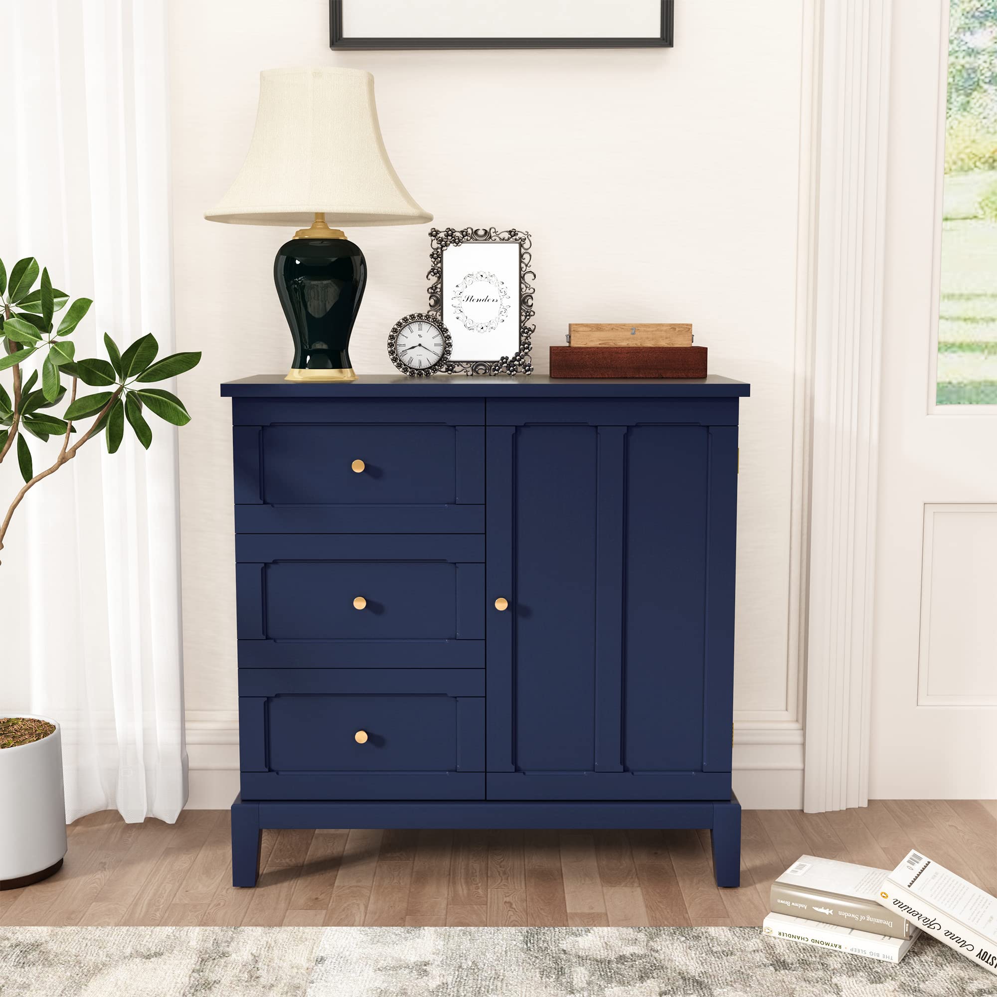 Accent Cabinet with 3 Drawers and Door, Wooden Storage Cabinet with Shelves, Sideboard for Living Room, Entryway, Navy Blue