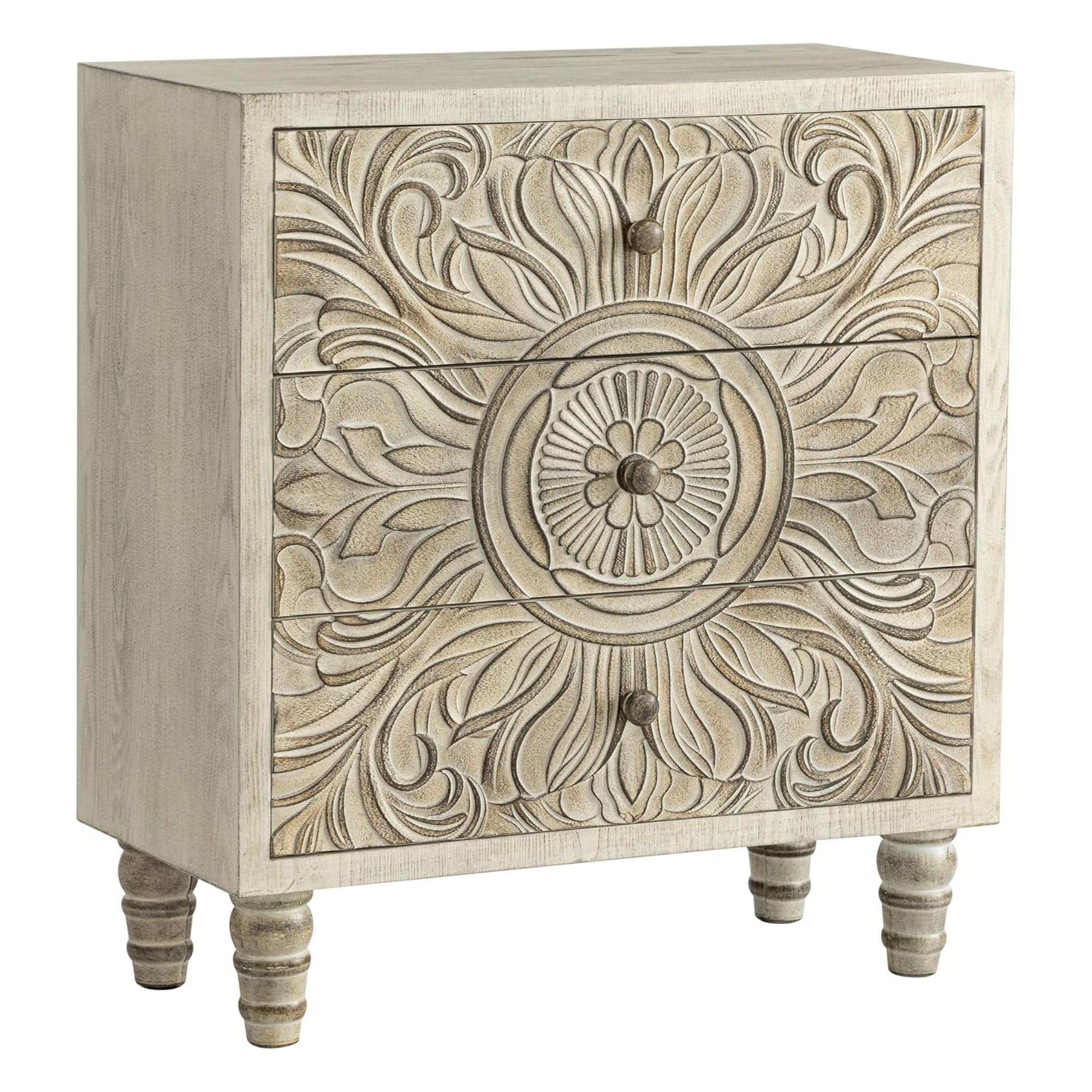 3 Drawer Dresser with Embossed Flower Motif Front, Distressed Boho Nightstand, Almost Fully Assembled, Rustic, French Country, Weathered White