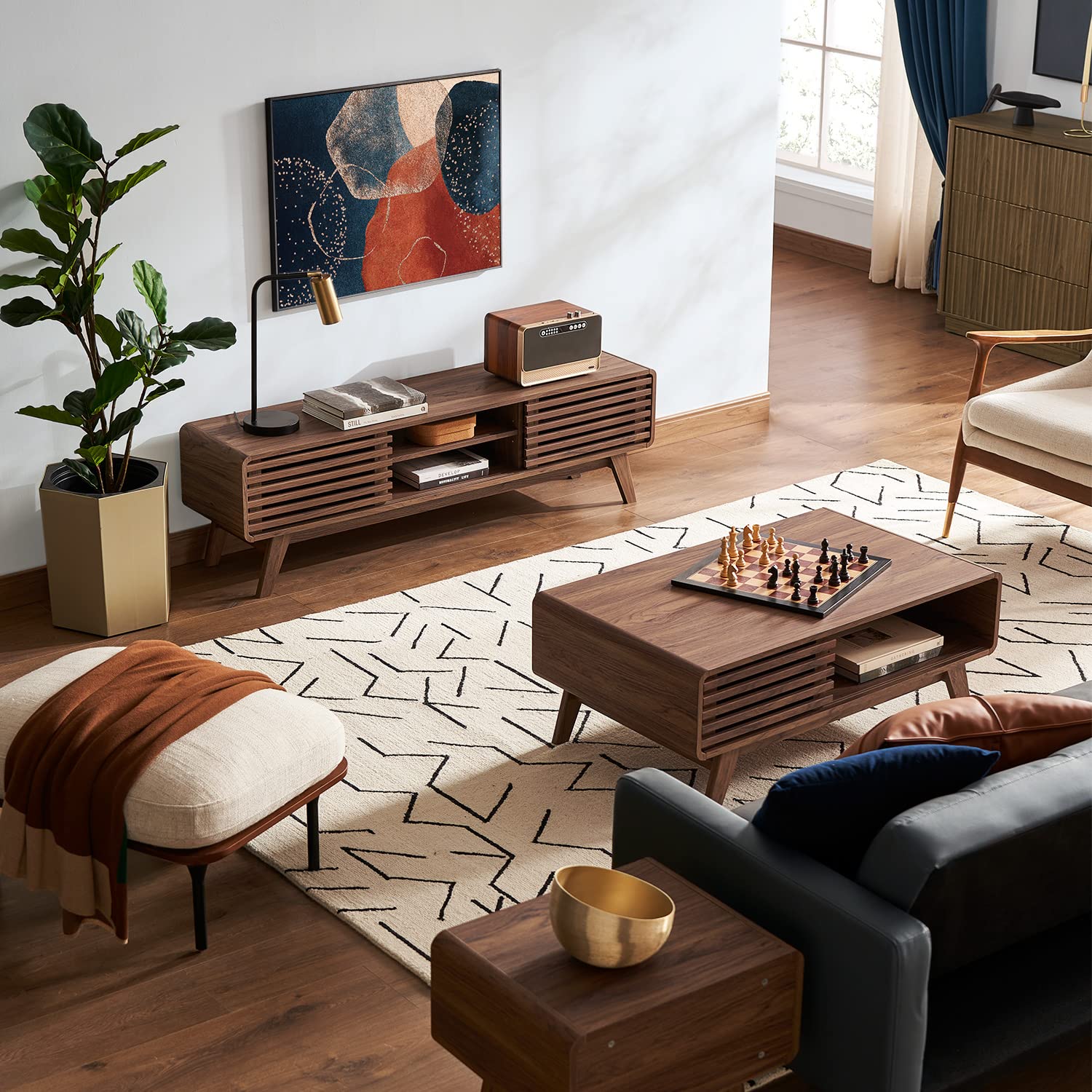 Ensley TV Stand, Mid-Century Modern Television Stand for 55/60/65 inch TV, Farmhouse Entertainment Center with Storage, Media Console Credenza Table for Living Room, Bedroom (Walnut, 59")