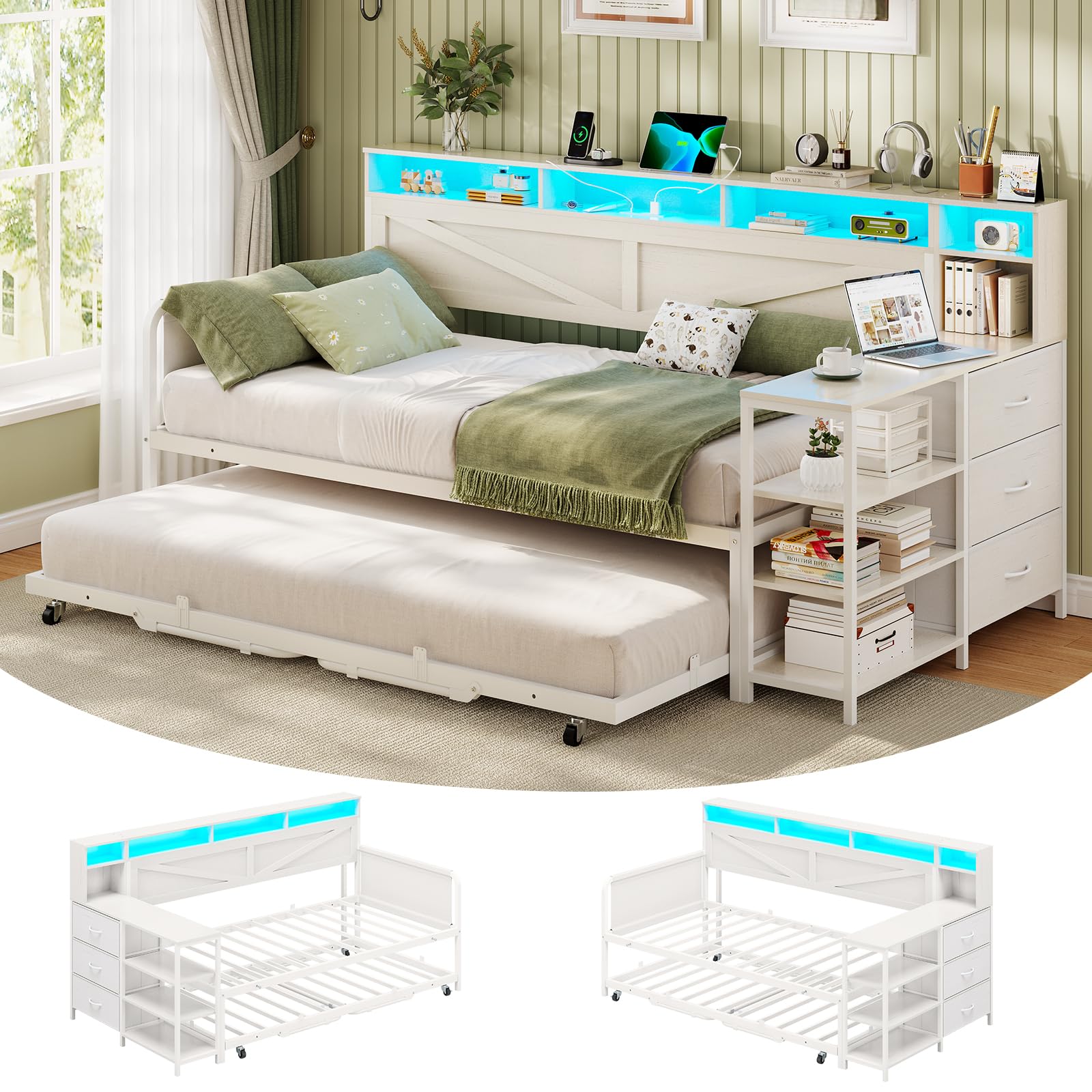 Twin Daybed with Pop-Up Trundle, Farmhouse Wood Frame with 3 Storage Drawers, Shelves, LED Lights & Charging Station, Twin to King, White