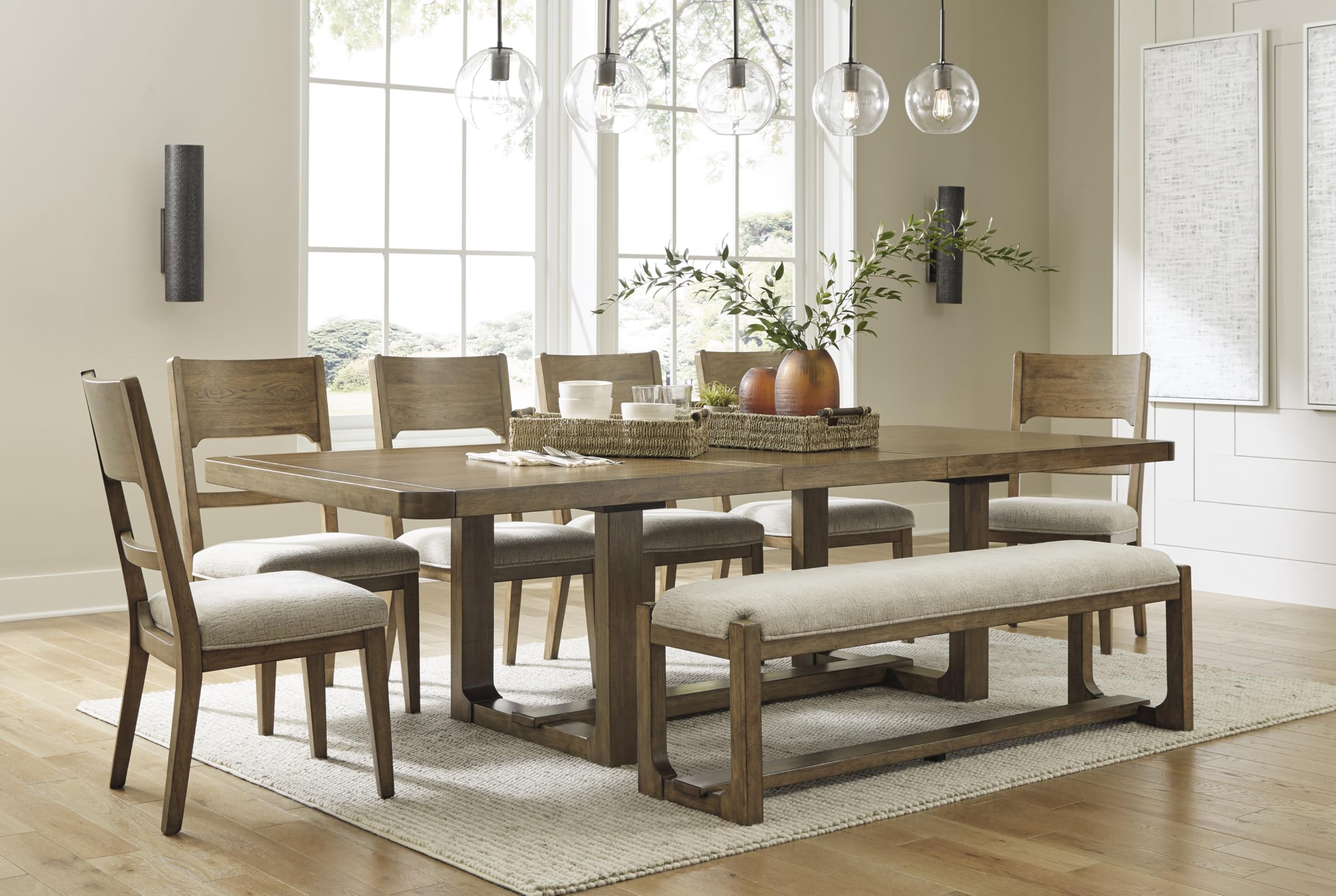 Cabalynn Farmhouse Upholstered 63" Dining Bench, Beige & Light Brown