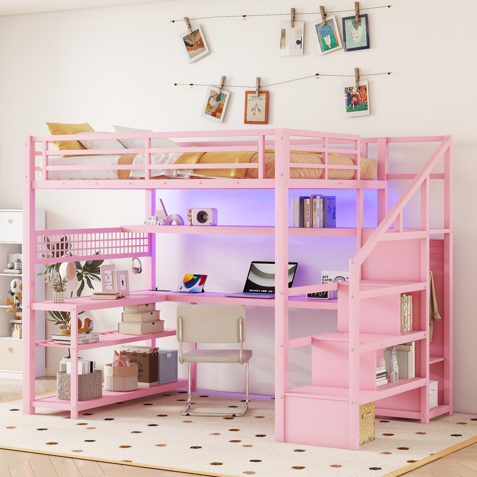 Full Size Metal Loft Bed with LED, Desk, Drawers, Shelves, Hanging Rod & Charging Station – Gaming Loft Bed for Teens/Kids, Pink