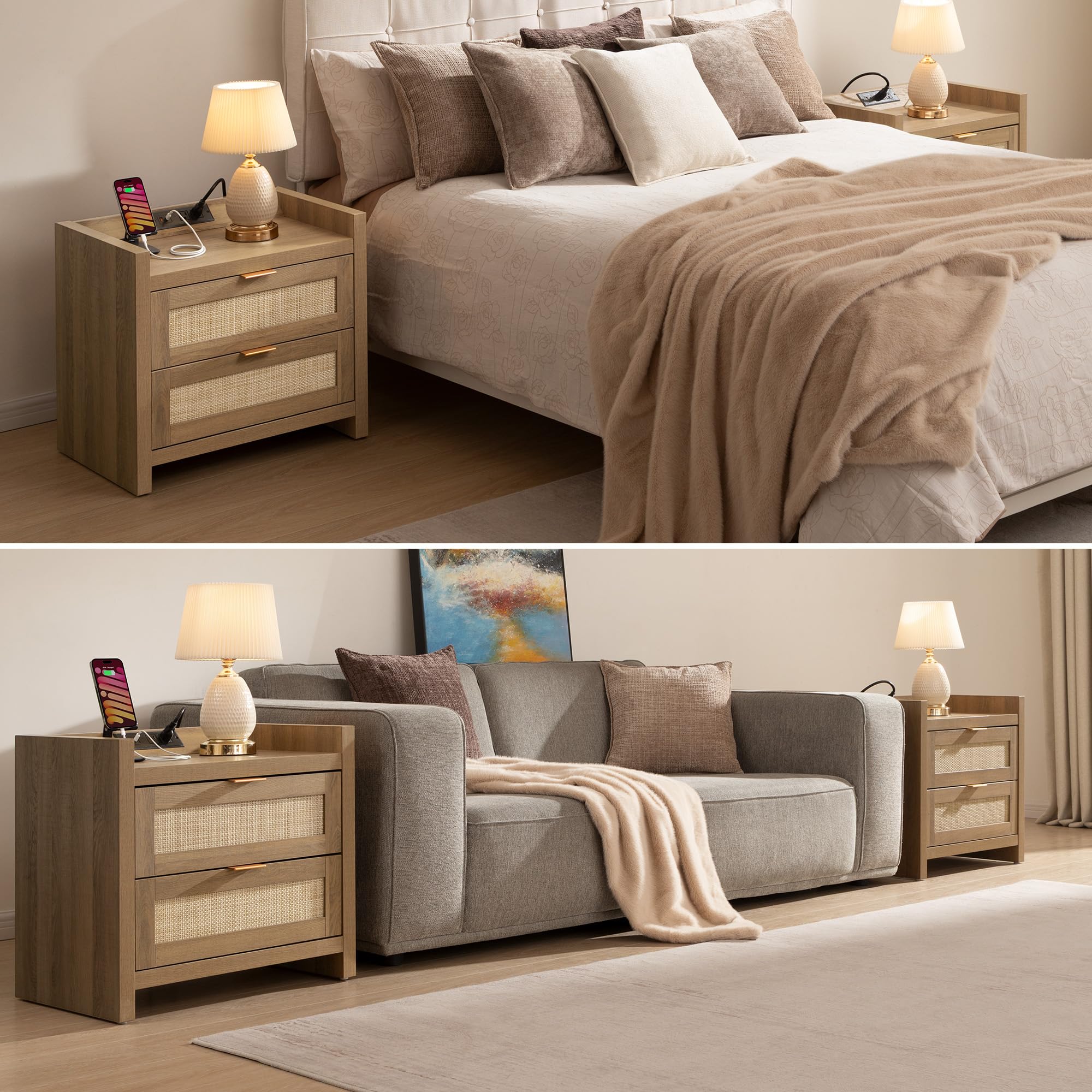 Night Stand Set of 2 - Rattan Nightstands with Type-C Charging Station, 2 Rattan Drawers - Boho Bed Side Tables End Table for Small Space - Natural Oak