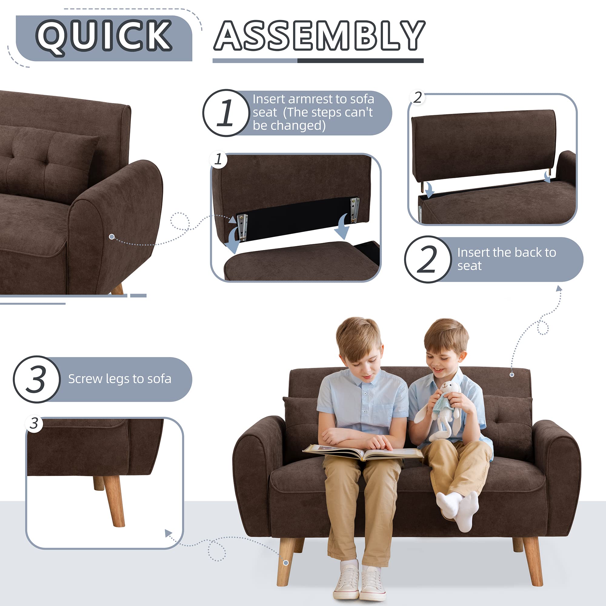Small Modern Loveseat Sofa, Mid-Century Fabric Upholstered 2-Seat Couch with 2 Pillows for Living Room, Studio, Apartment, Brown