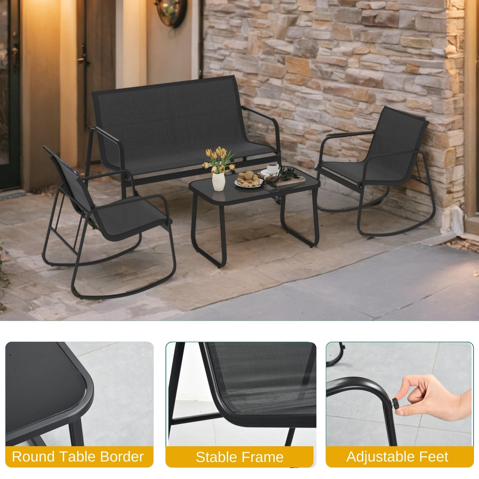 4-Piece Patio Furniture Set, Textilene Conversation Set with 2 Rocking Chairs and Tempered Glass Coffee Table, Perfect for Indoor Patio Lawn Garden Poolside, Black