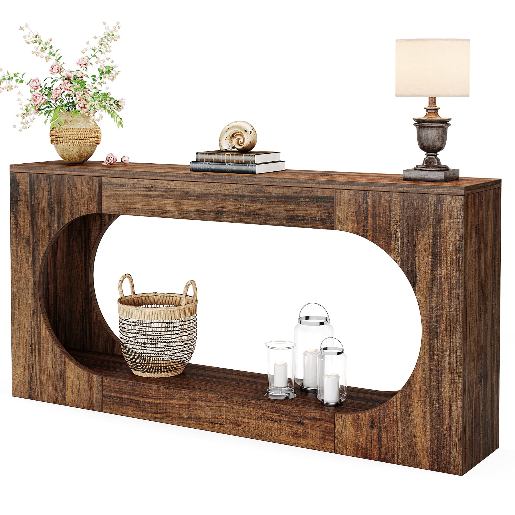 Console Table, 63 Inches Narrow Sofa Entryway Table with 2-Tier Storage Shelf, Hallway Behind Couch Table Accent Table for Living Room, Rustic Brown