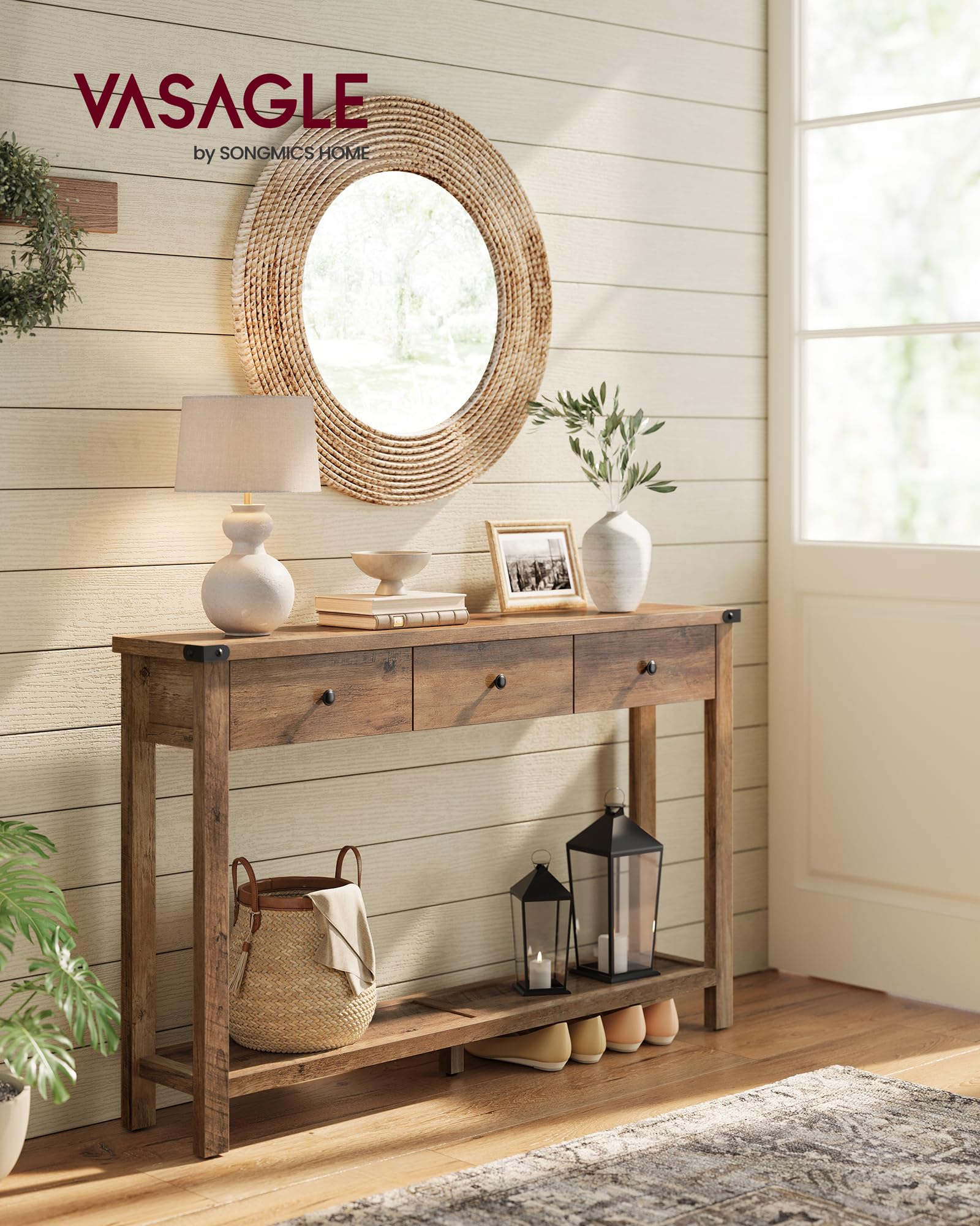 Console Sofa Table, Narrow Entryway Table with 3 Drawers, Open Storage Shelf, Metal Corners, for Living Room, Farmhouse Style, Honey Brown ULNT142K41