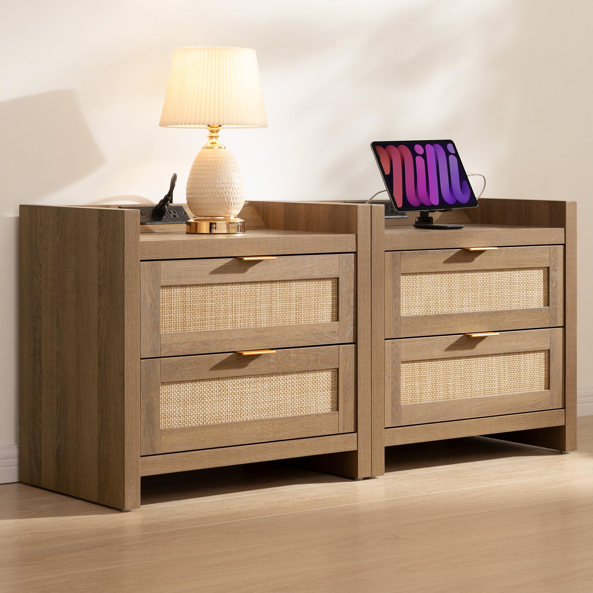Night Stand Set of 2 - Rattan Nightstands with Type-C Charging Station, 2 Rattan Drawers - Boho Bed Side Tables End Table for Small Space - Natural Oak