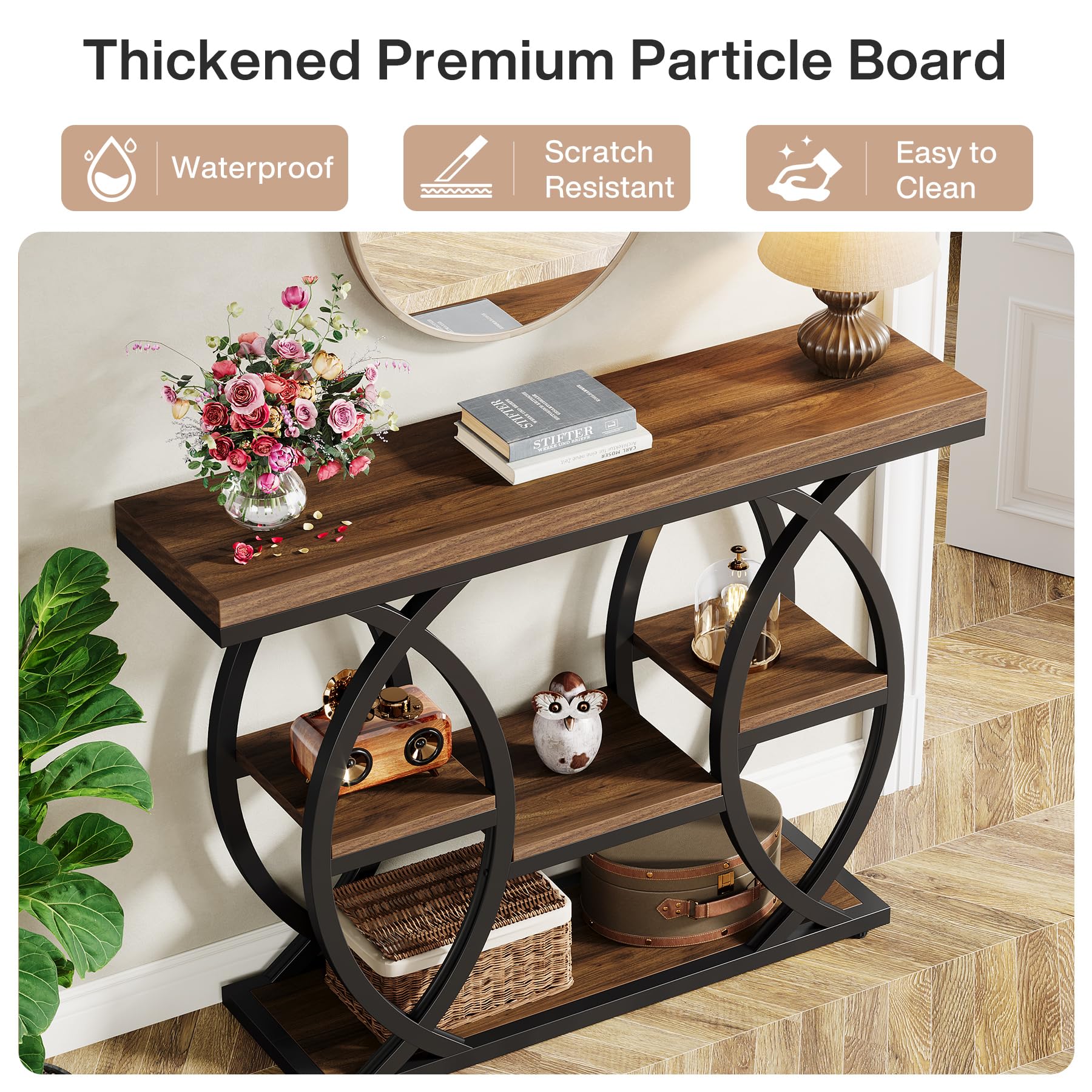 39.4" Industrial Console Table, 4-Tier Entryway Sofa Table with Storage Shelves, Narrow Wood Accent Table for Small Spaces, Rustic Brown