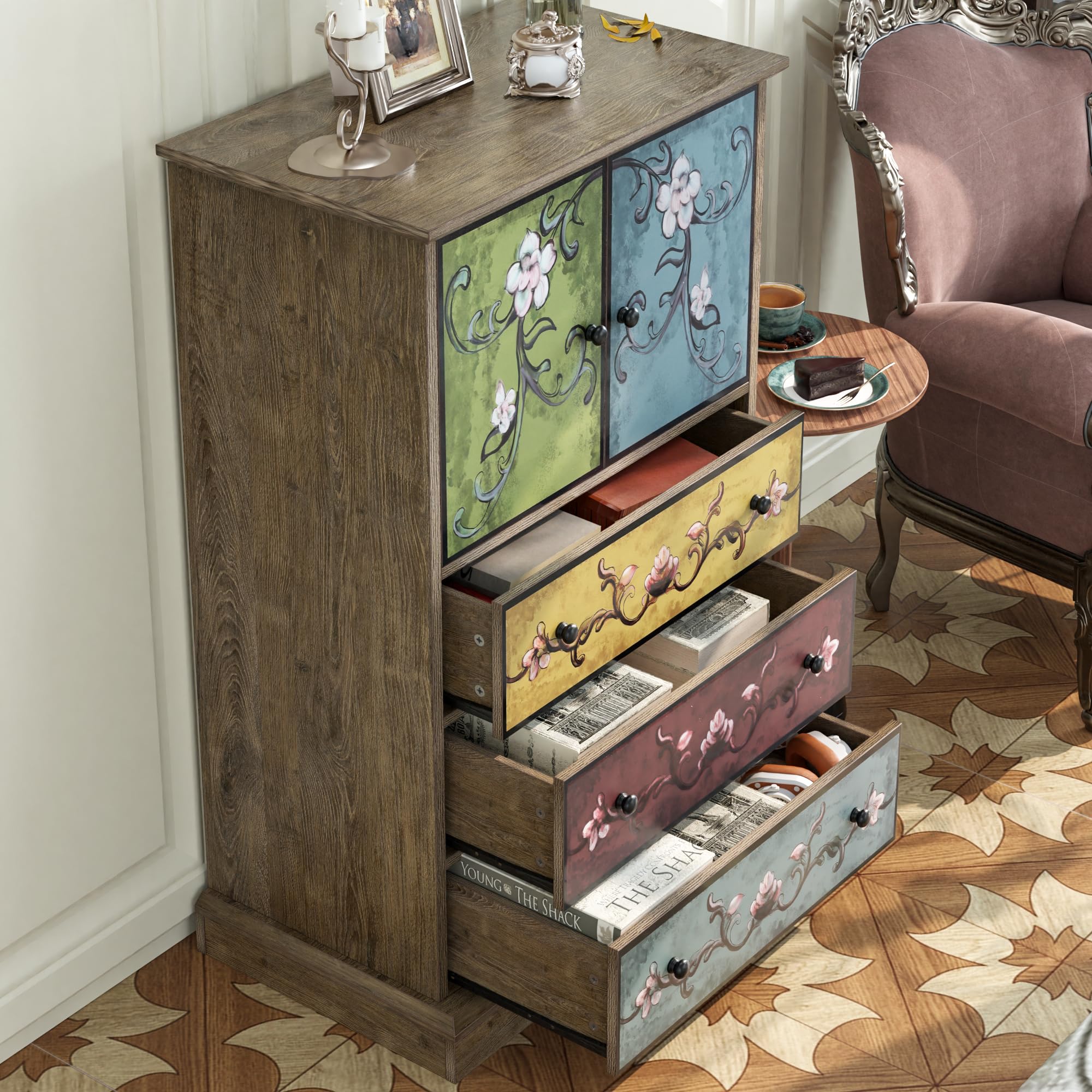 Wood Chest of Drawers, Tall Boho Dresser with Drawers and Doors, 16.1D x 23.6W 42.3H Inch Wood Accent Dresser for Home Office
