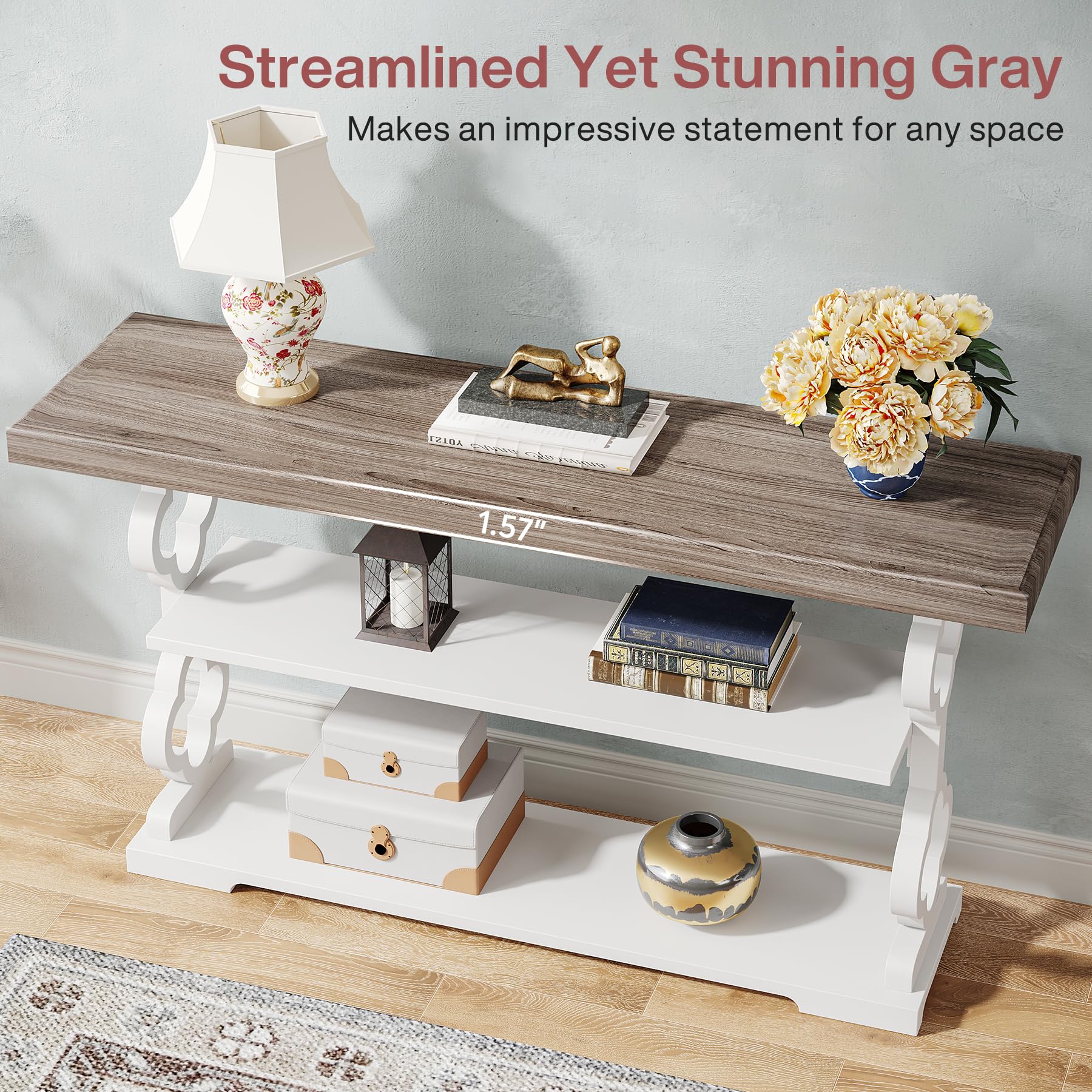 55" Farmhouse Console Table, 3-Tier Wood Sofa Table with Storage Shelves for Entryway, Hallway, Living Room, Grey & White
