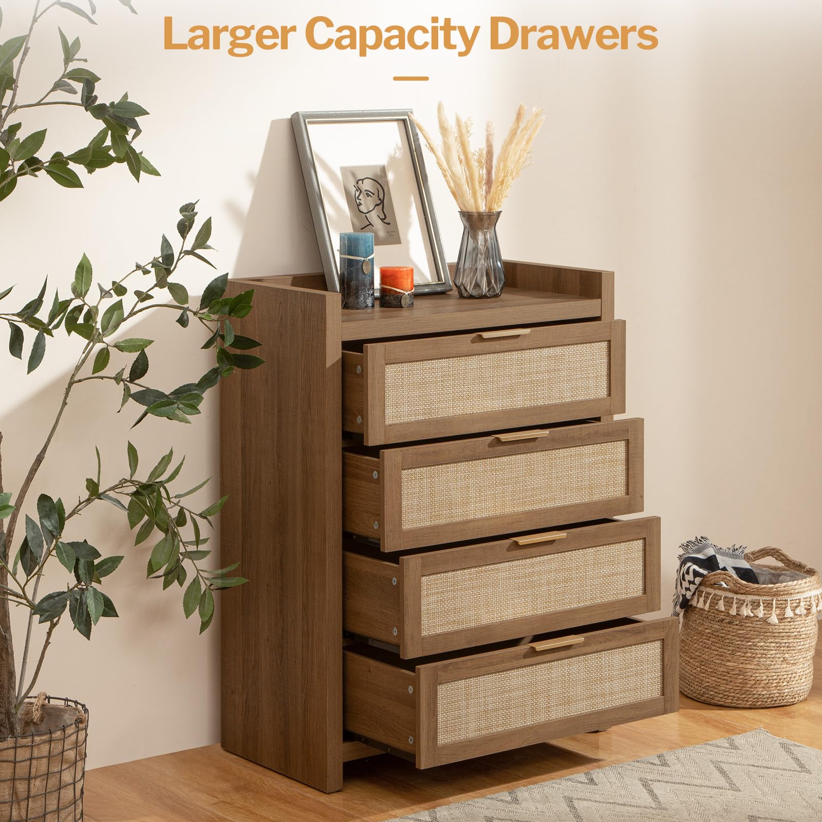 38" Tall Dresser for Bedroom, Boho Chest with 4 Rattan Drawers, Large Clothes Storage Cabinet for Closet, Entryway, Nursery, Living Room