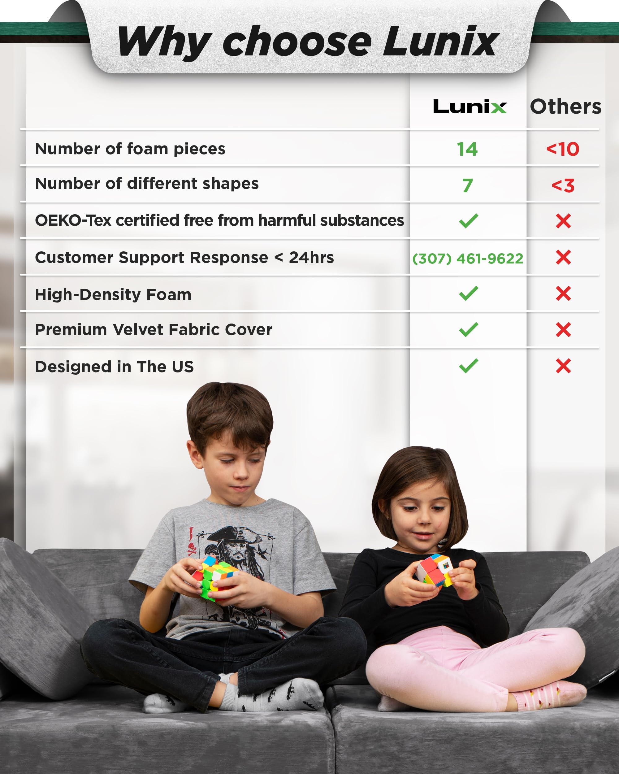 LX15 Modular Kids Play Couch, 14pcs Convertible Foam Sectional Sofa for Toddlers, Fortplay Furniture for Bedroom & Playroom, Steel Gray