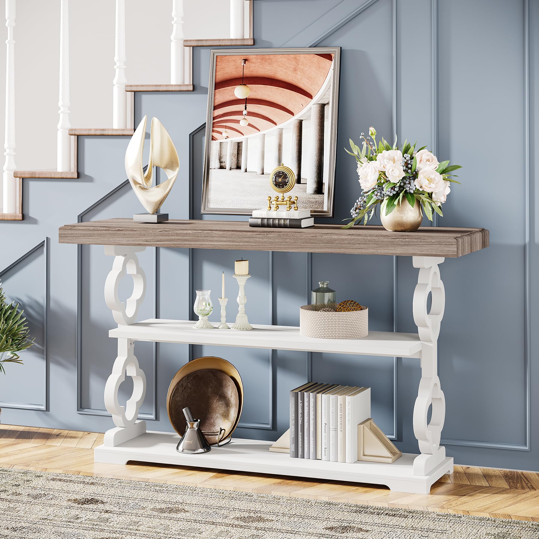 55" Farmhouse Console Table, 3-Tier Wood Sofa Table with Storage Shelves for Entryway, Hallway, Living Room, Grey & White