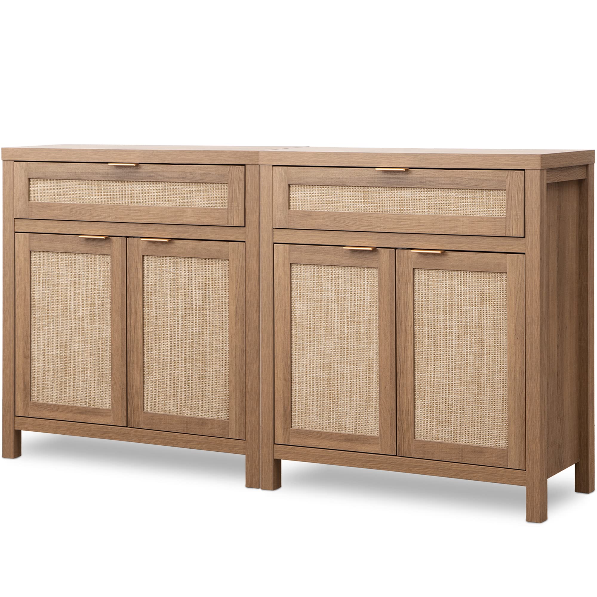 Sideboard Buffet Cabinet Set of 2, Rattan Credenza Storage Cabinet, Boho Buffet Table Console Cabinets with Drawer, Farmhouse Coffee Bar
