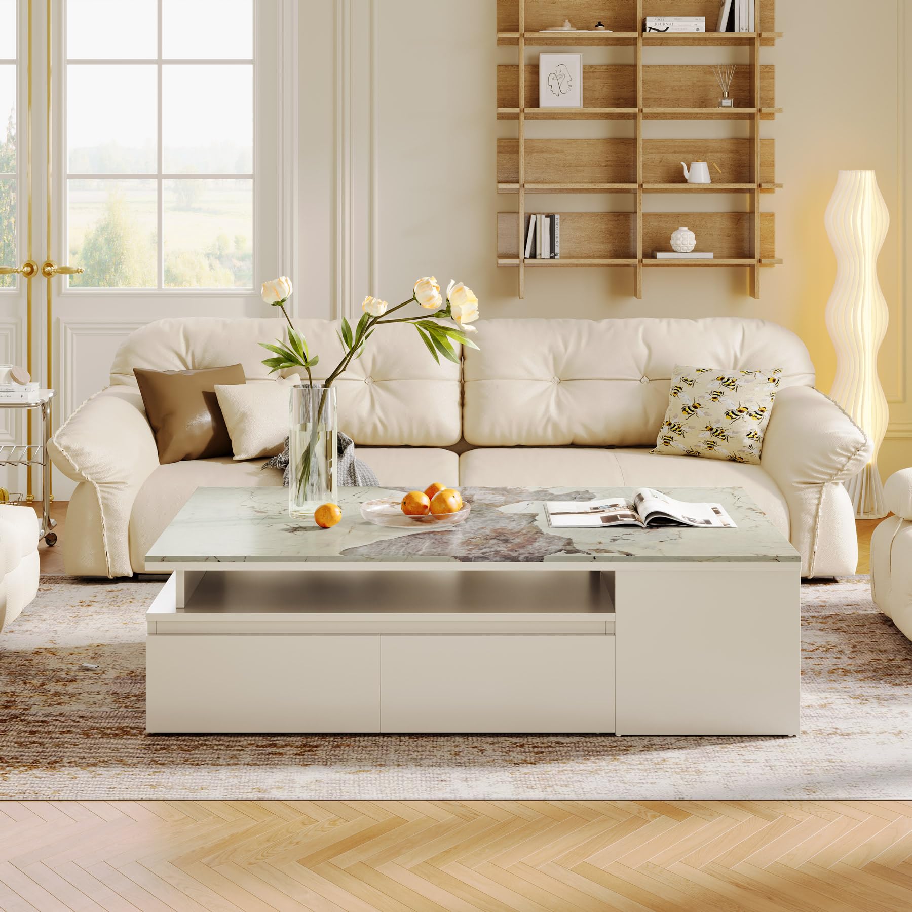 Extendable Tabletop Coffee Table with 4 Drawers & Storage Shelf, Modern from 51-Inch to 71-Inch Center Table for Living Room, Faux Marble Veneer