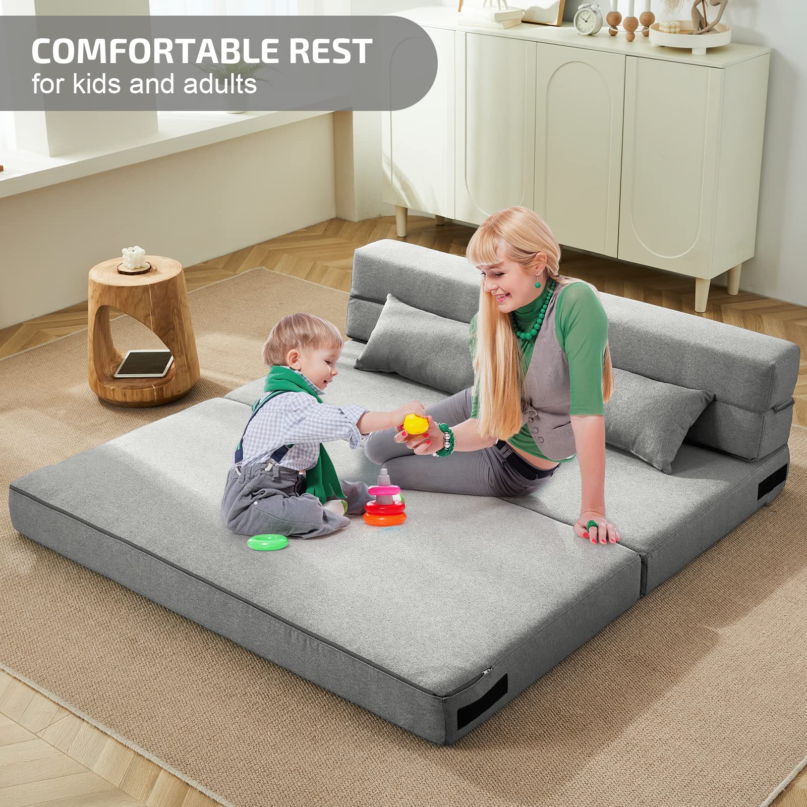 Folding Sofa Bed with Pillows, Convertible Floor Couch & Memory Foam Mattress, Queen Sleeper for Living Room, Dorm, Guest Room, Light Gray