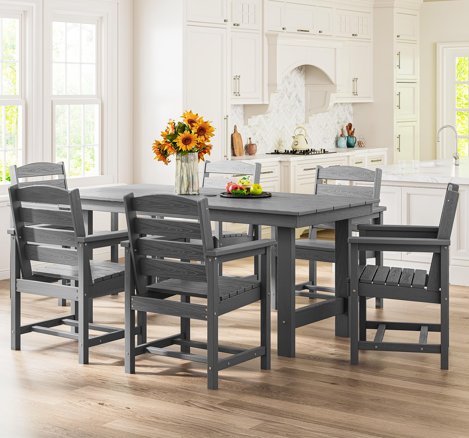 Outdoor HDPE Dining Table Set, 7-Piece Patio Dining Set with Umbrella Hole Table and 6 Chairs, Weather-Resistant, Gray
