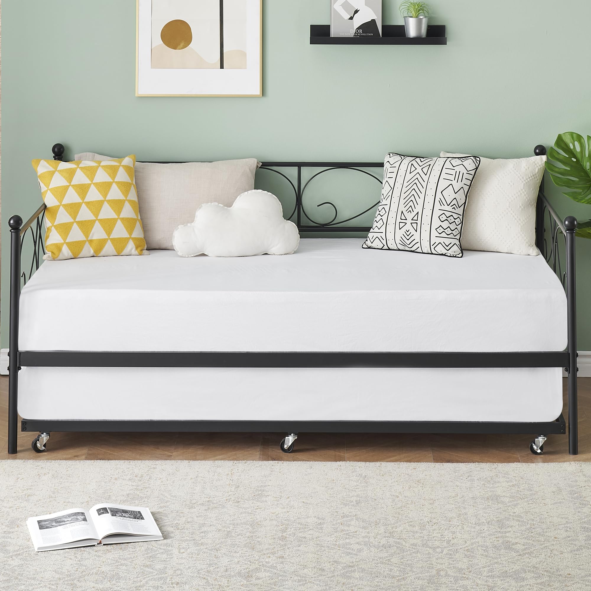 Twin Daybed with Trundle, Metal Trundle Bed, Sofa Bed Frame, Heavy Duty Metal Slats, for Living Room, Bedroom, Guest Room, Space Saving, Black