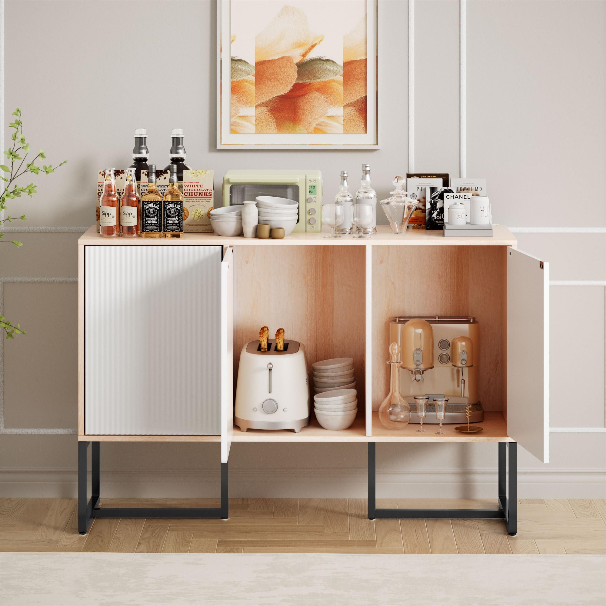 White Buffet Cabinet with Storage - 3-Door Coastal Modern Sideboard w/Sturdy Metal Legs, Convertible Coffee Bar & Multi-Room Organizer