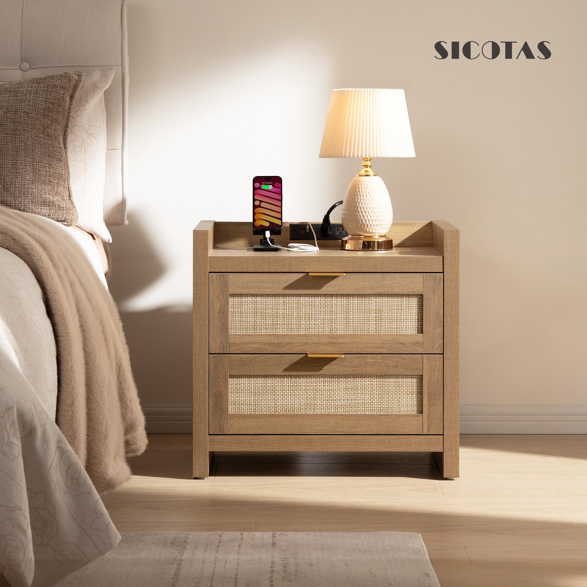 Night Stand Set of 2 - Rattan Nightstands with Type-C Charging Station, 2 Rattan Drawers - Boho Bed Side Tables End Table for Small Space - Natural Oak