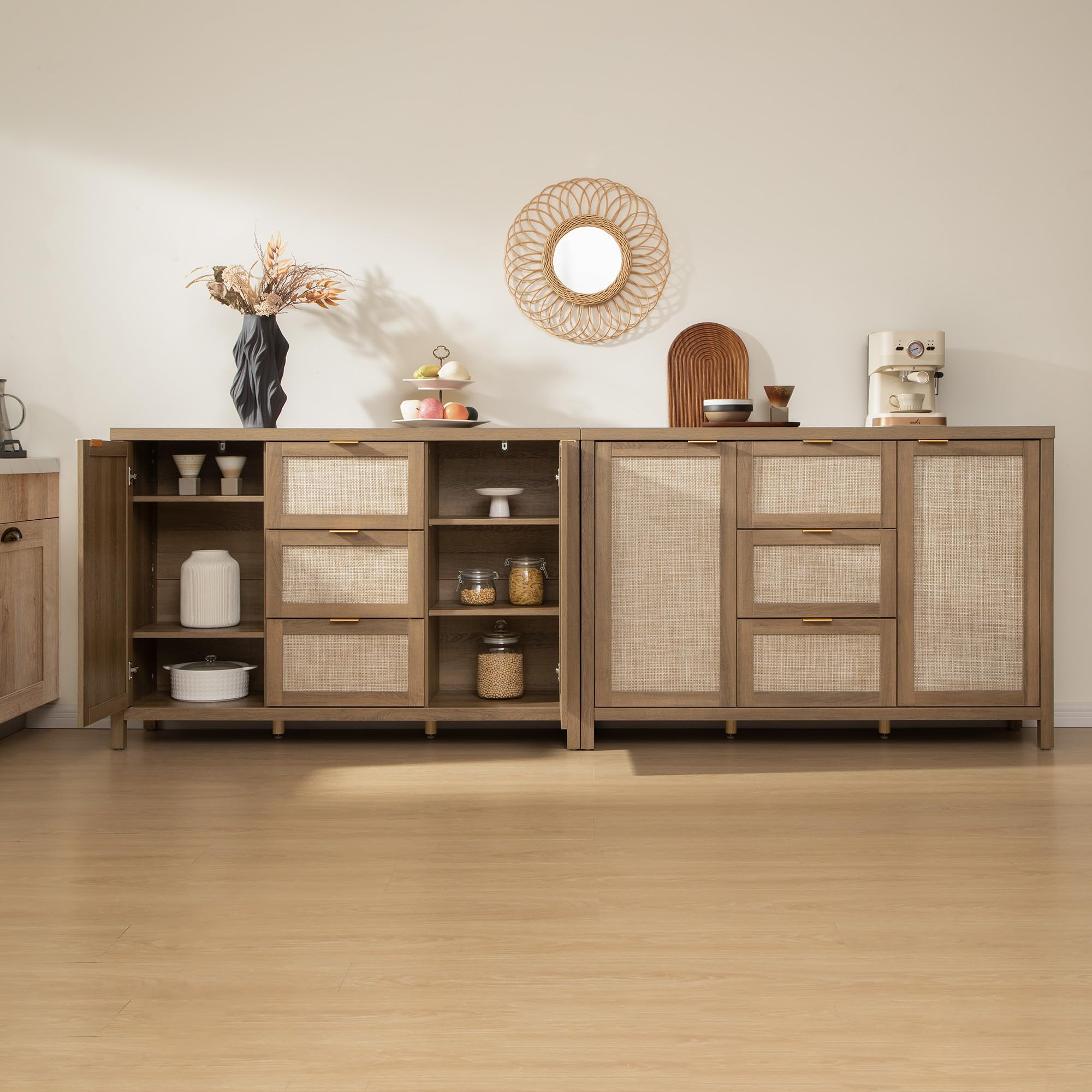 Rattan Sideboard Buffet Cabinet with Storage - 52" Larger Farmhouse Credenza Storage Coffee Bar Cabinet with 3 Drawers & 2 Doors, Boho