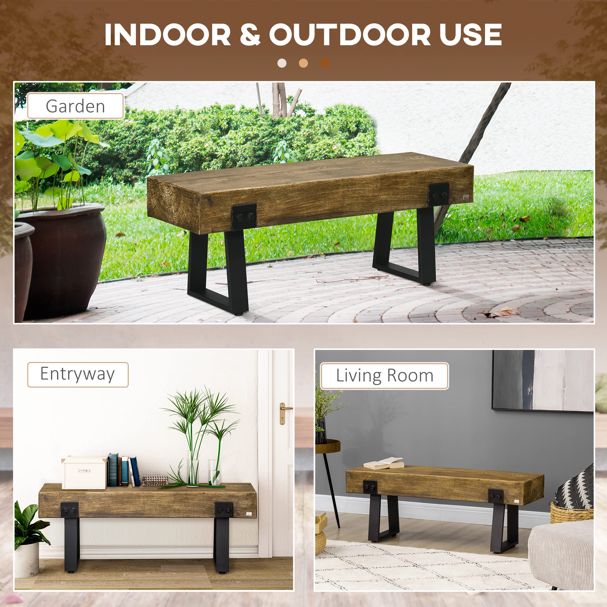 Garden Bench with Metal Legs, Rustic Wood-Effect Concrete Seat, Indoor/Outdoor Entryway Bench for Patio, Porch, Park, Natural & Black