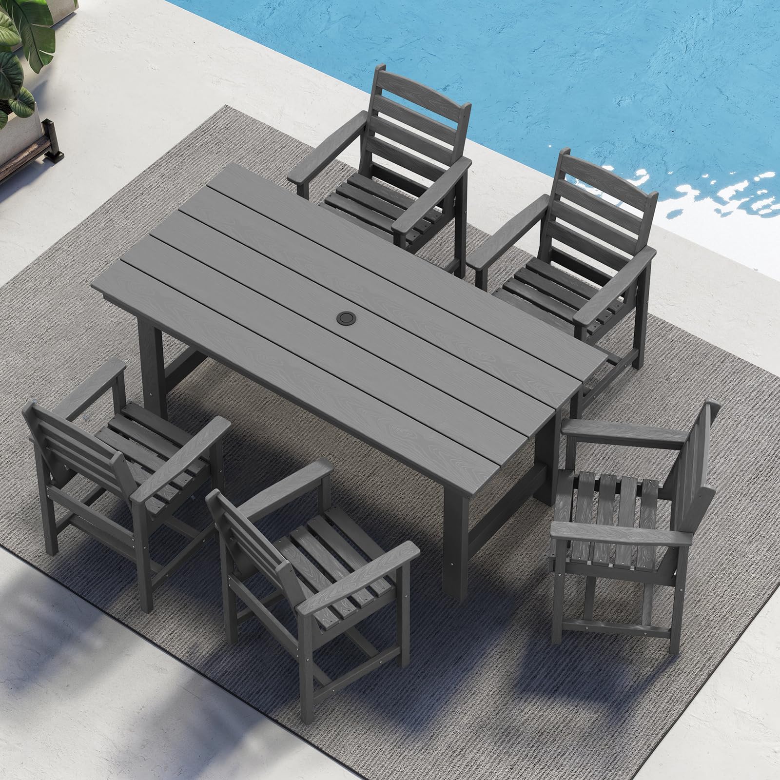 Outdoor HDPE Dining Table Set, 7-Piece Patio Dining Set with Umbrella Hole Table and 6 Chairs, Weather-Resistant, Gray