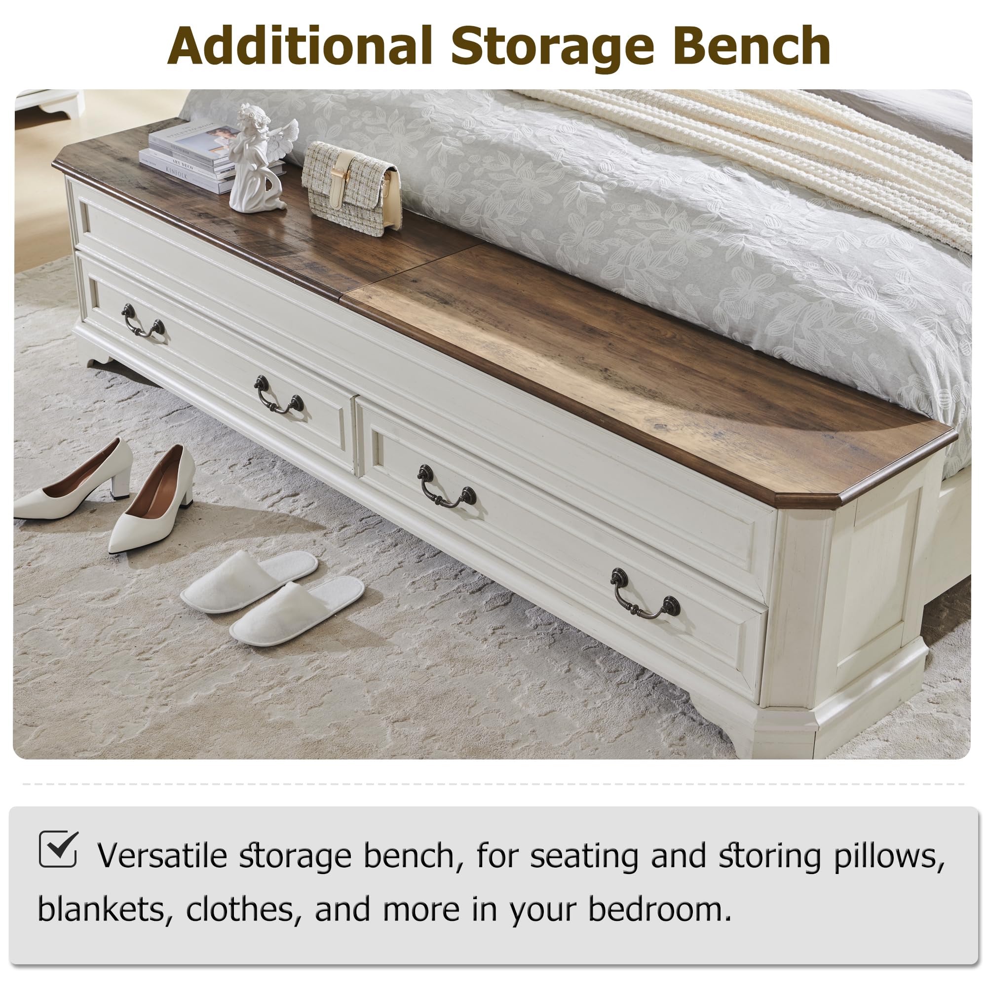 Farmhouse King Bed Frame with Headboard & 4-Drawer Storage Bench, Rustic Wood Platform Bed with 80" Chest, Antique White