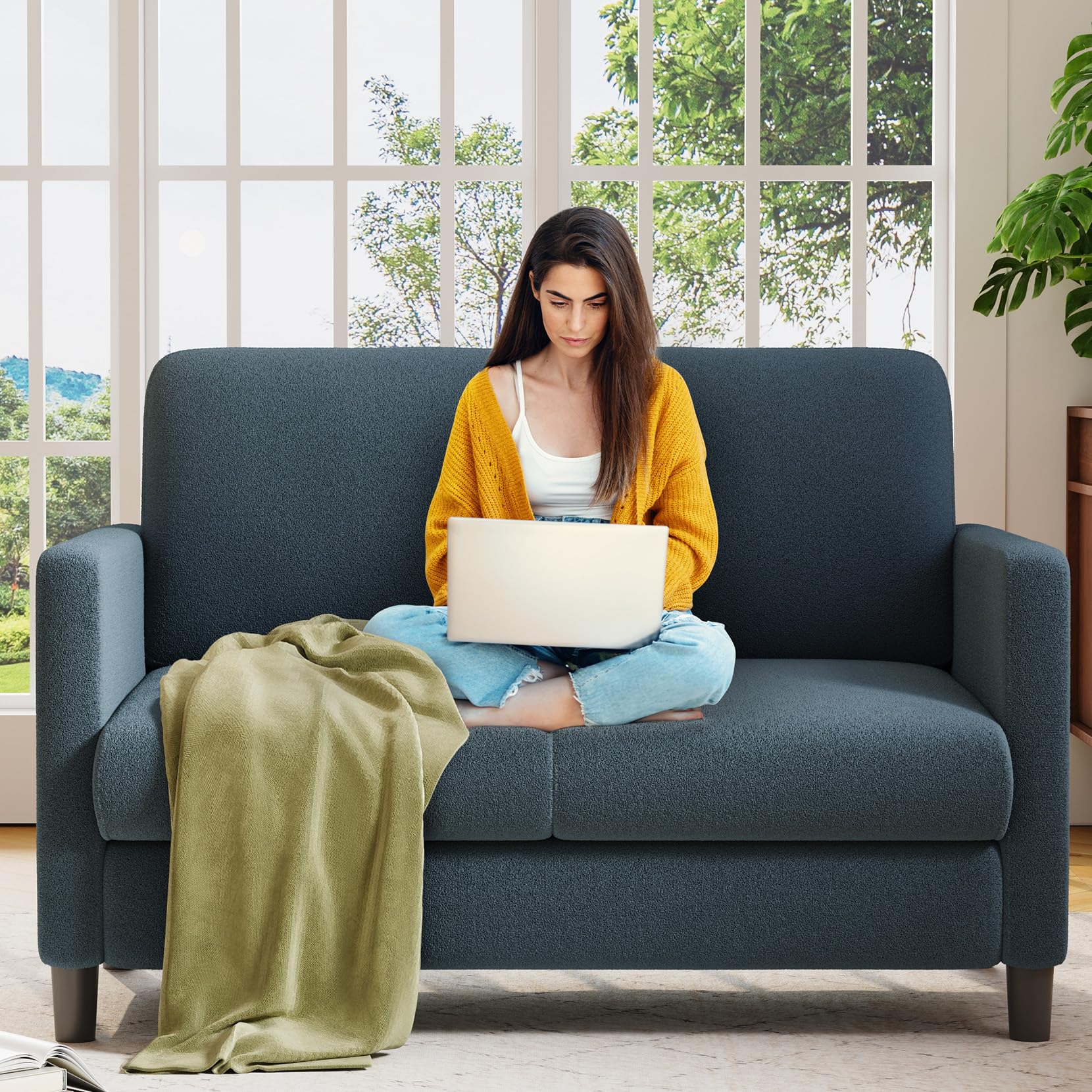 51" Loveseat Sofa, Comfy Teddy Fabric Small Couch for Bedroom & Living Room, Tool-Free Setup, All-Wood Frame, Blue Grey, No Pillow