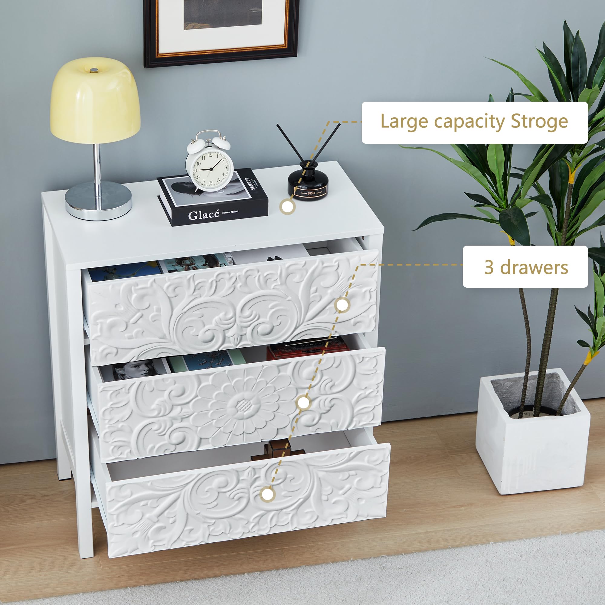 White 3 Drawer Dresser, Wide Chest of Drawers with Storage, Accent Nightstand Cabinet Luxury Carving Dresser for Bedroom Hallway Living Room Entryway Office
