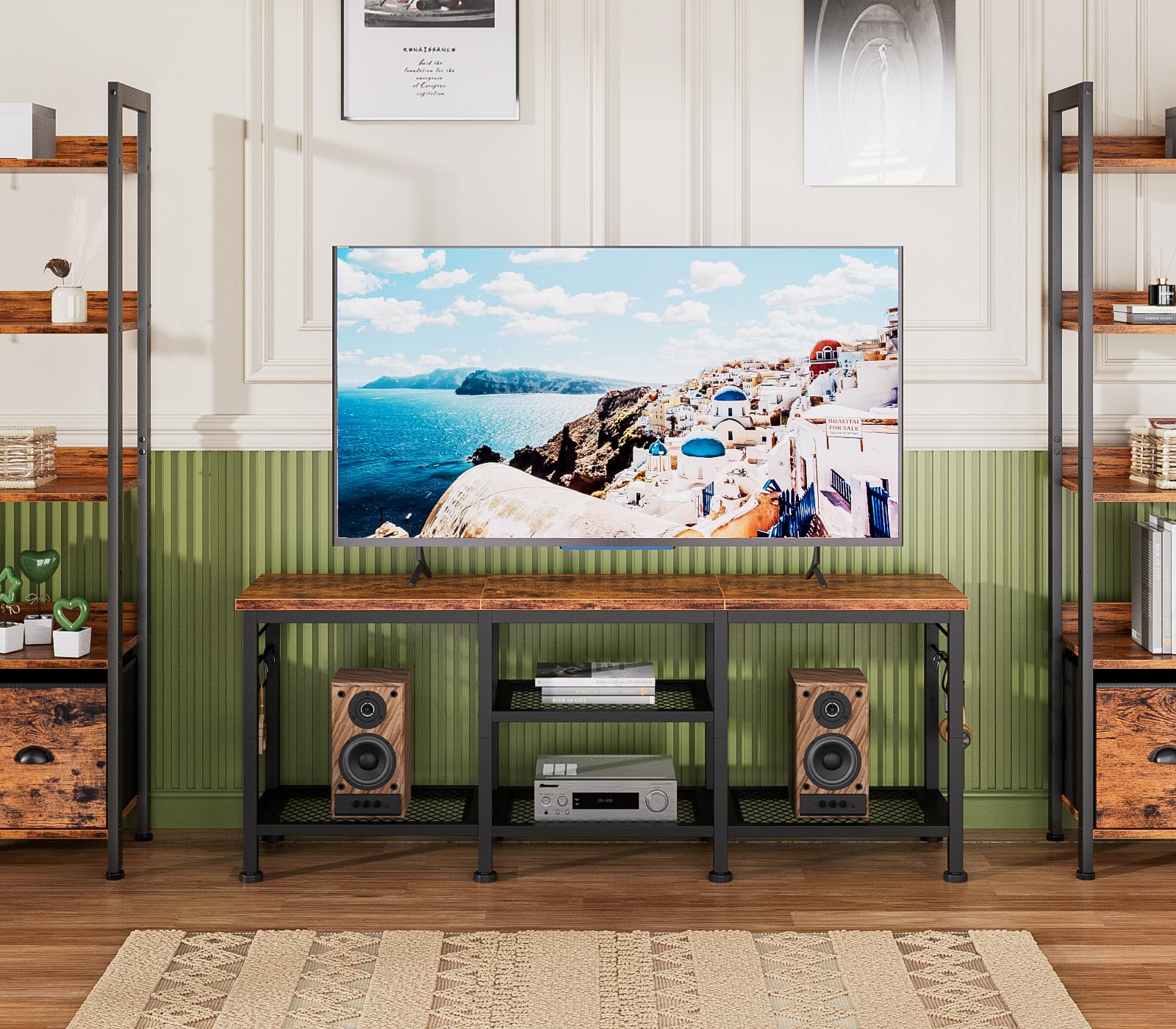 TV Stand for TVs up to 55", Entertainment Center with Open Storage Shelves & Soundbar Shelf, Media Console Table for Living Room, Bedroom, Rustic Brown