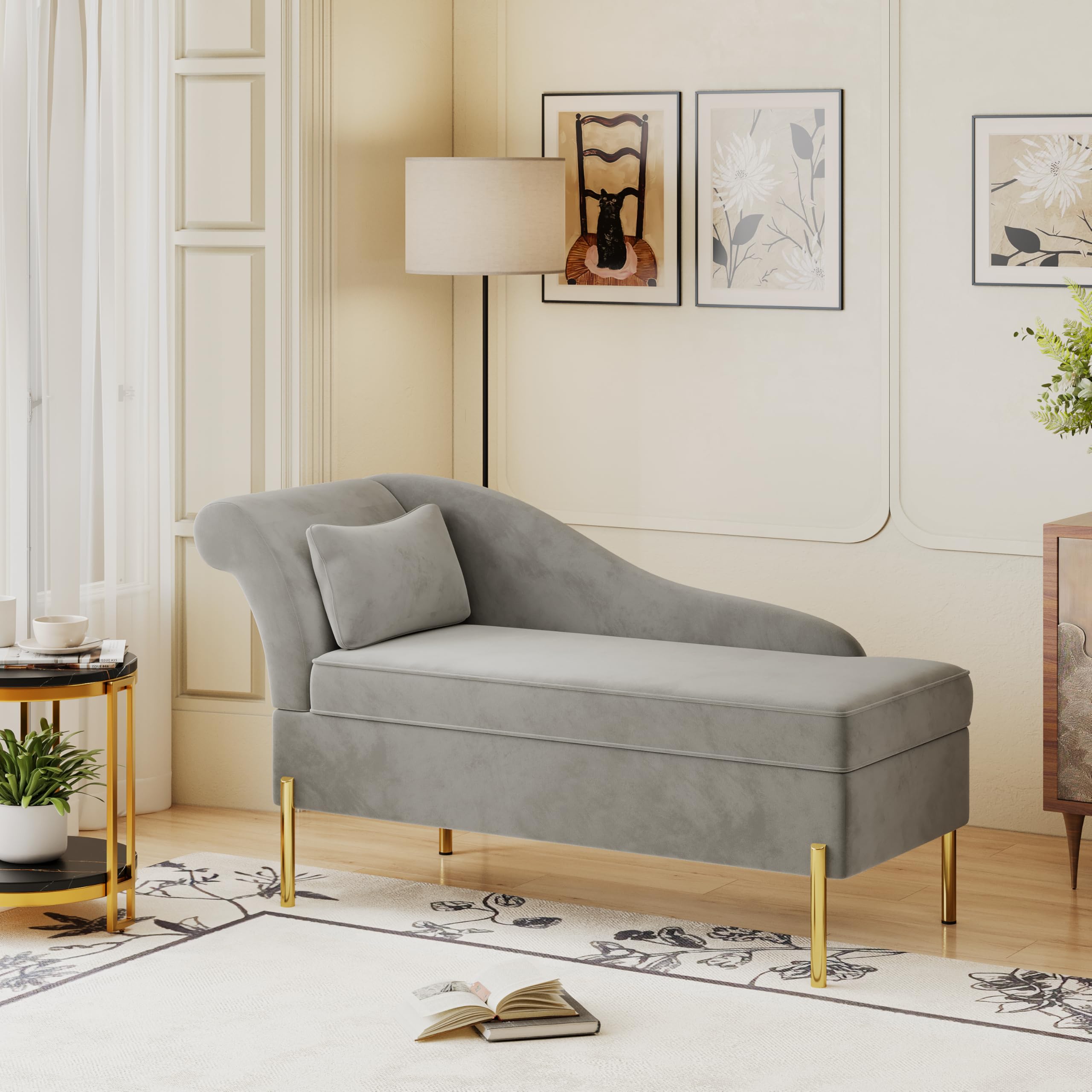 Velvet Chaise Lounge with Storage, Tufted Upholstered Recliner Sofa Chair for Bedroom, Living Room, Office, Light Grey, Left Armrest