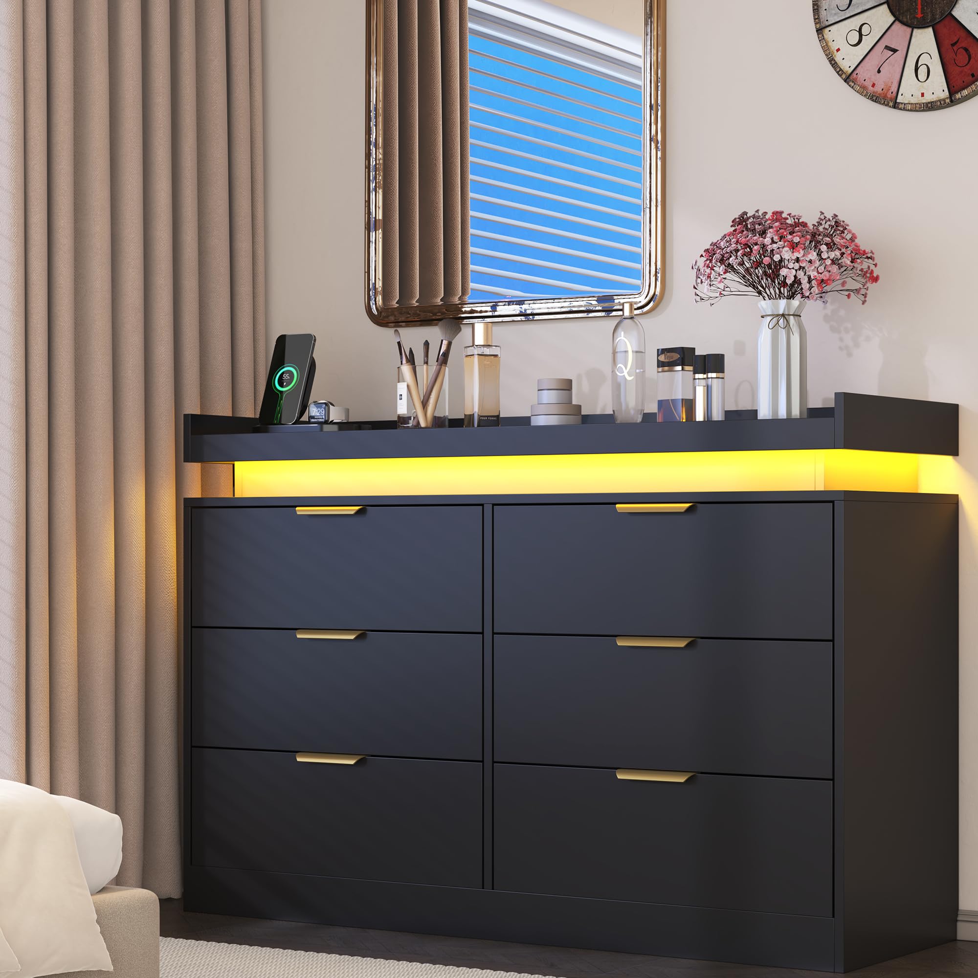 6-Drawer Black Dresser with LED Lights & Power Outlet, Modern Chest of Drawers for Bedroom, Closet, Living Room, Entryway, Hallway