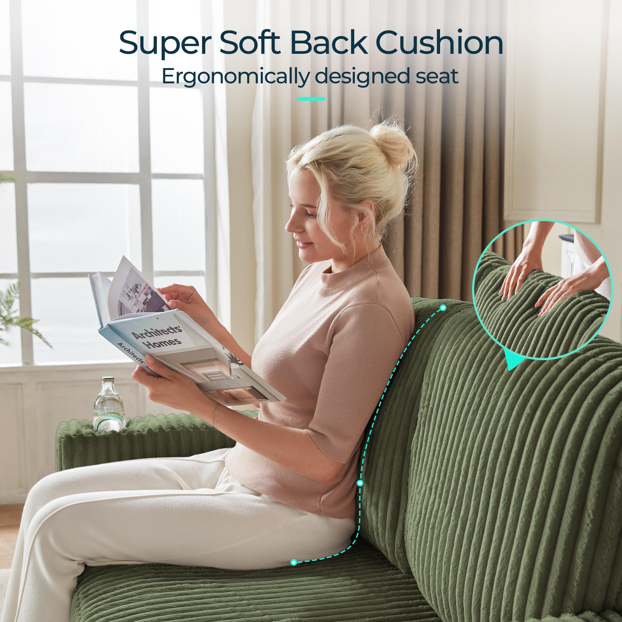 2-in-1 Loveseat Sofa with Pull-Out Chaise, USB Charging & Cup Holders, Plush Corduroy Convertible 2-Seater for Small Spaces, Green