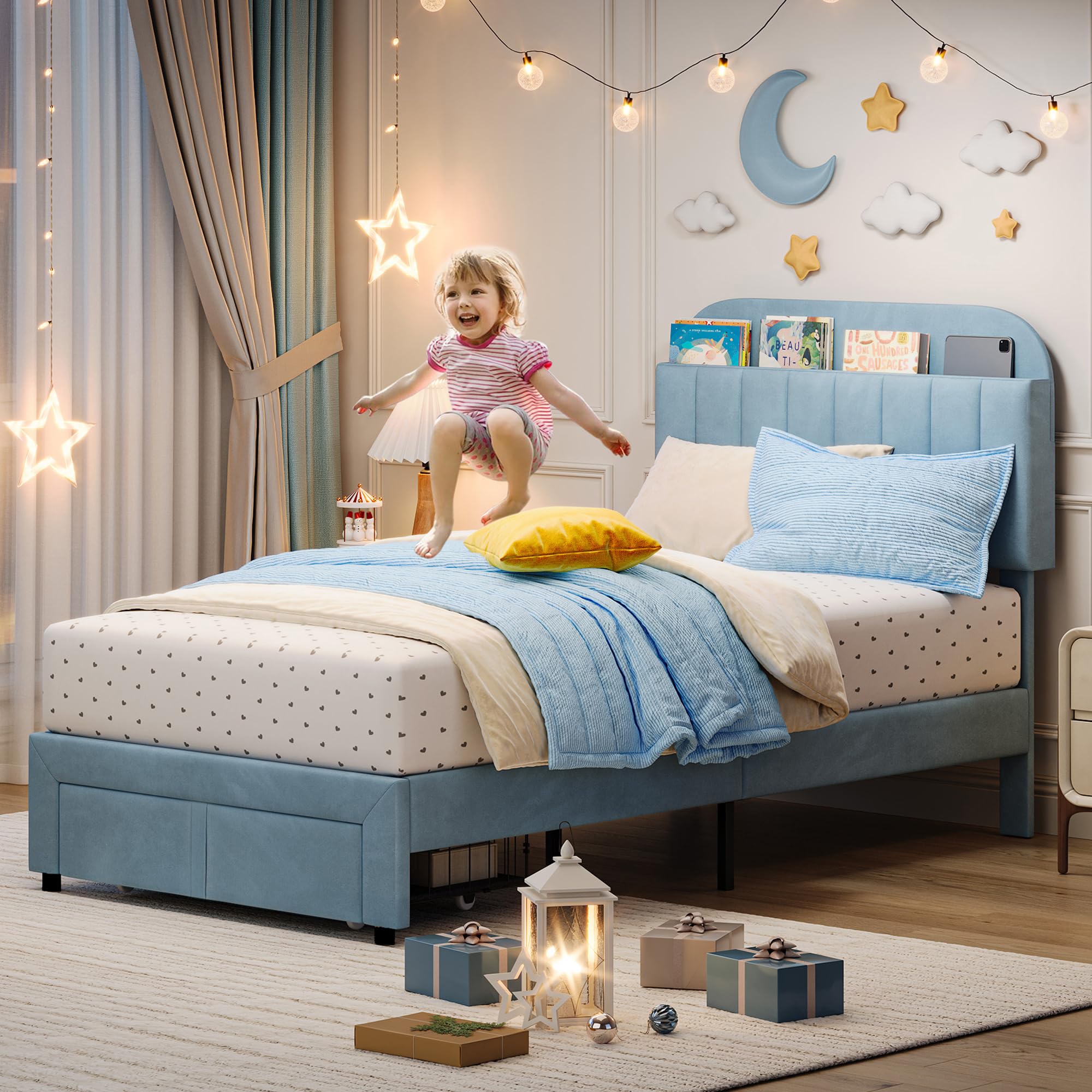 Set of 2 Twin Kids Beds – Blue Upholstered Platform Frames with Storage Drawers & Bookcase Headboards, No Box Spring Needed